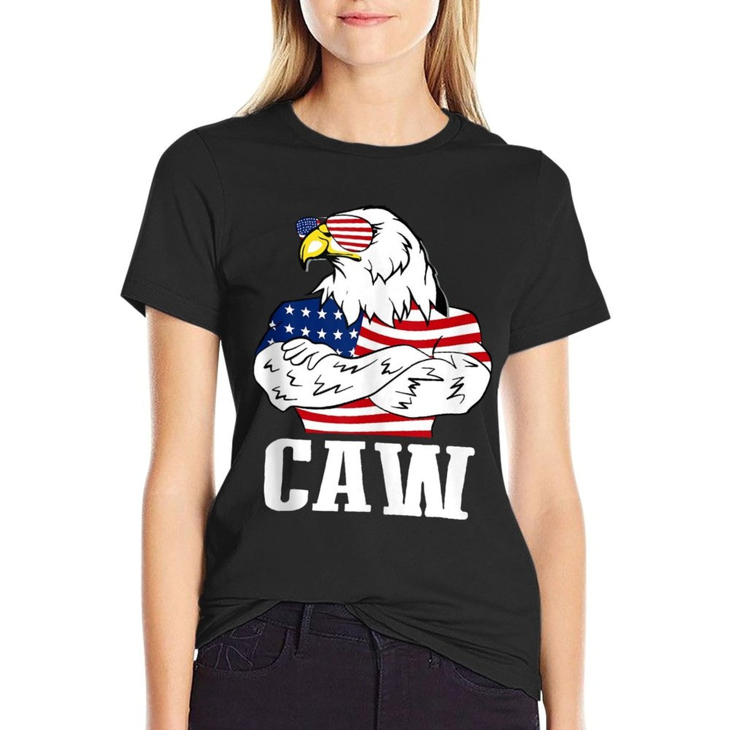 Patriotic Bald Eagle Caw 4th of July American American Ribbed Collar T-Shirt