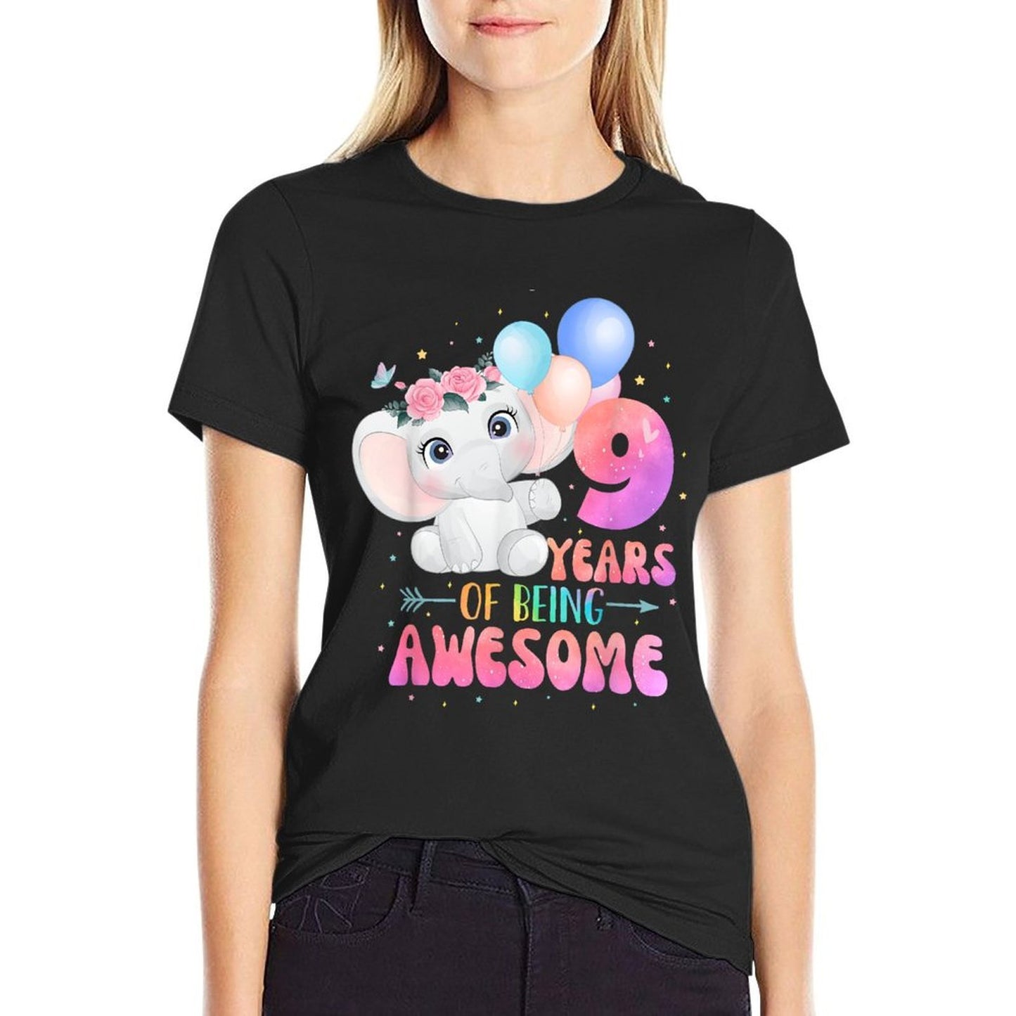 9 Years Of Being Awesome Cute Elephant 9th Birthday Girl Cotton T-Shirt