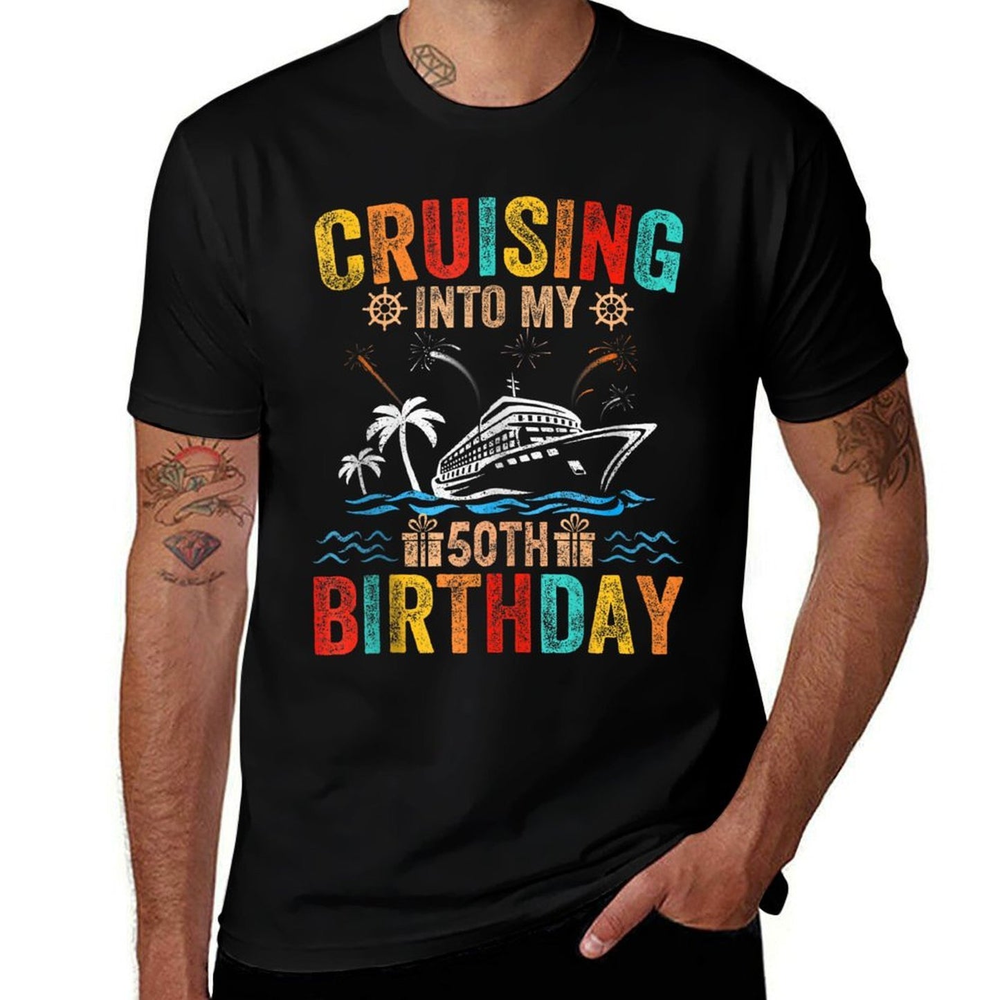 Cruising Into My 50th Birthday Family Cruise 50 Birthday Heathered Texture T-Shirt