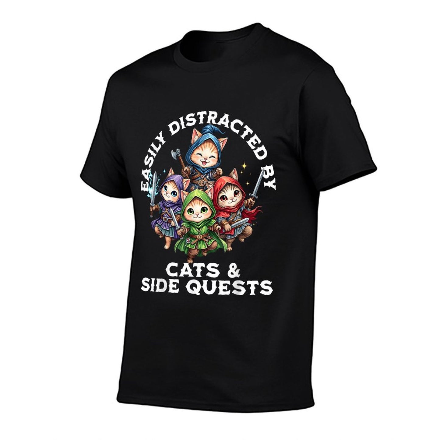 Easily Distracted by Cats And Side Quests Funny Gamer Cat Polyester Blend T-Shirt