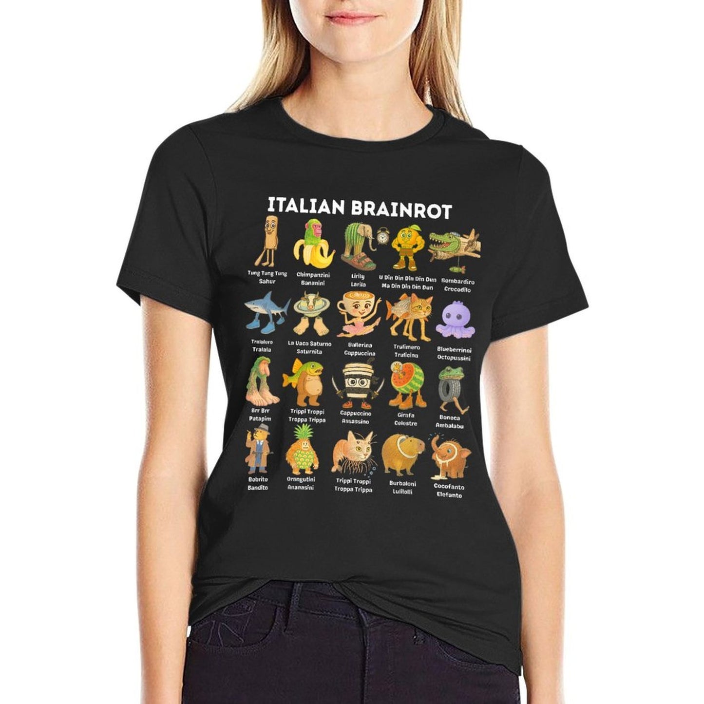 Types of Italian Brainrot Meme Character Hand Drawn for Kids Ribbed Collar T-Shirt