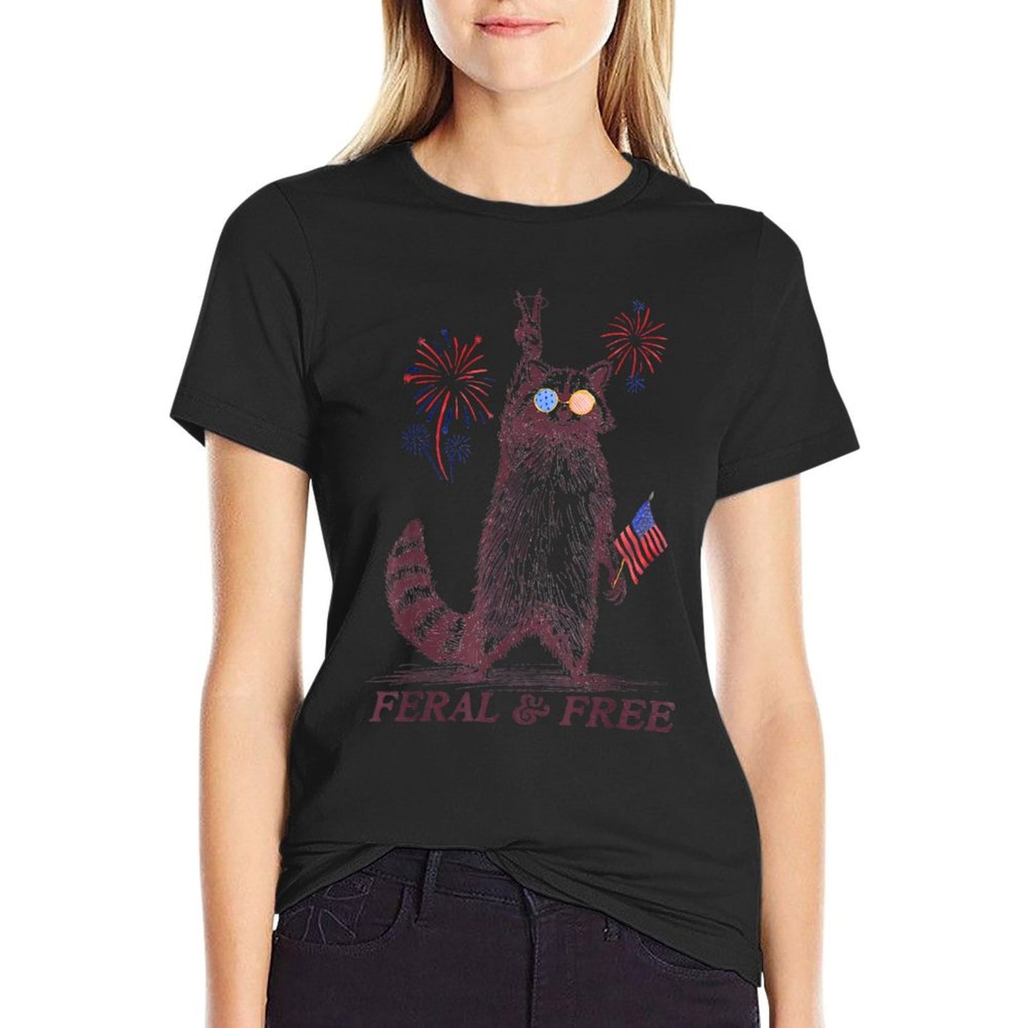 Feral & Free Funny Patriotic Racoon Feral And Free 4th July Trendy Pattern T-Shirt