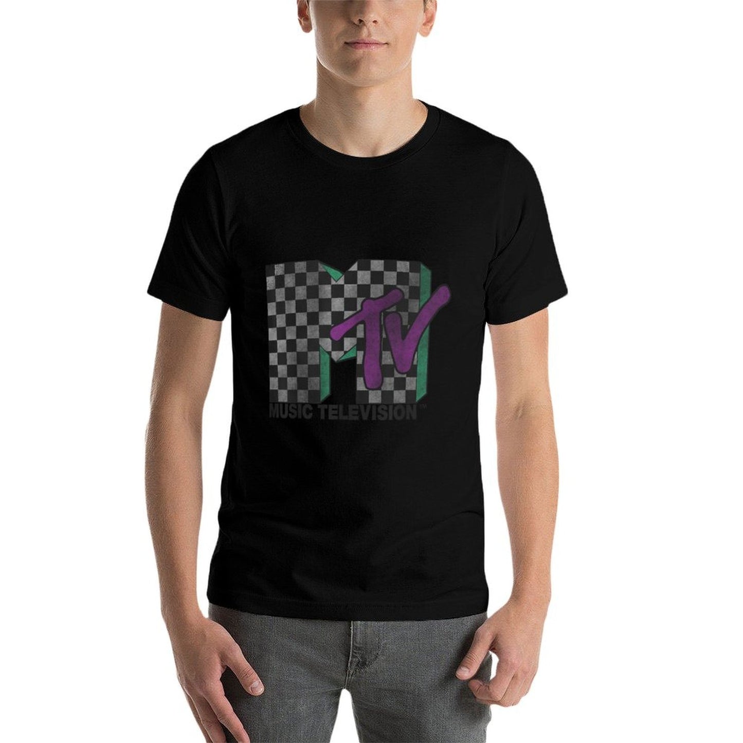 MTV Checkered Distressed Retro Logo Eco-friendly Material T-Shirt