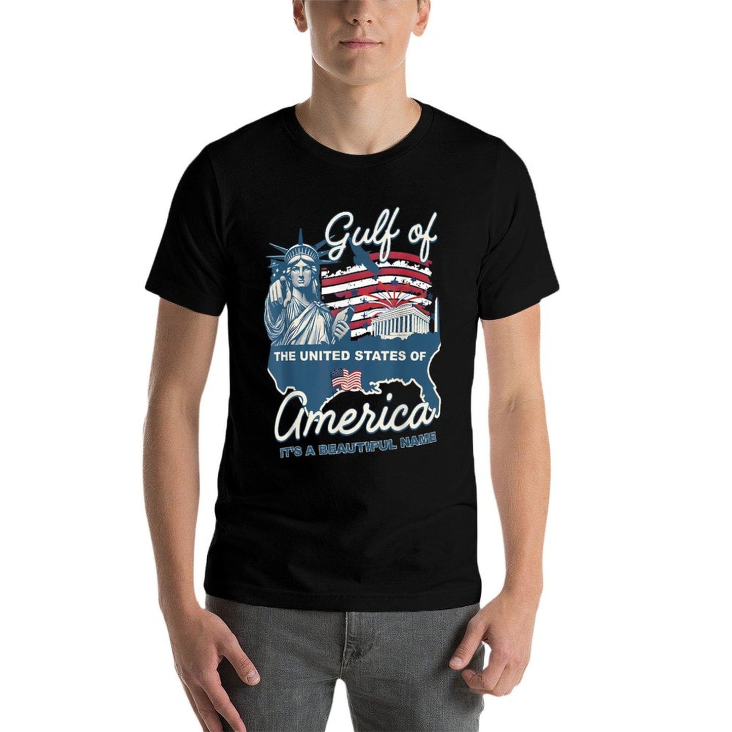 Gulf of USA America Flag Pride Patriotic Gulf of US America Ribbed Collar T-Shirt