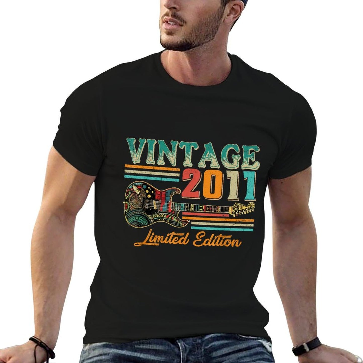 14 Years Old Gifts Vintage 2011 14th Birthday Guitar Lover Oversized Silhouette T-Shirt