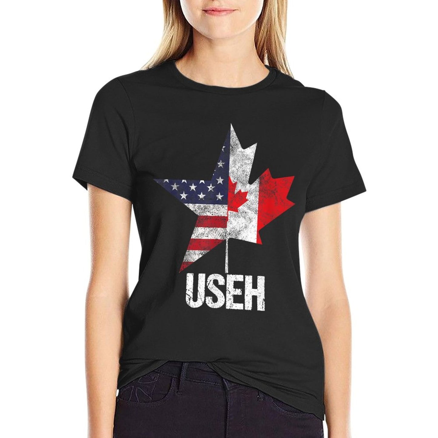 Half Canadian American USEH Canada USA Flag United States Graphic-printed T-Shirt