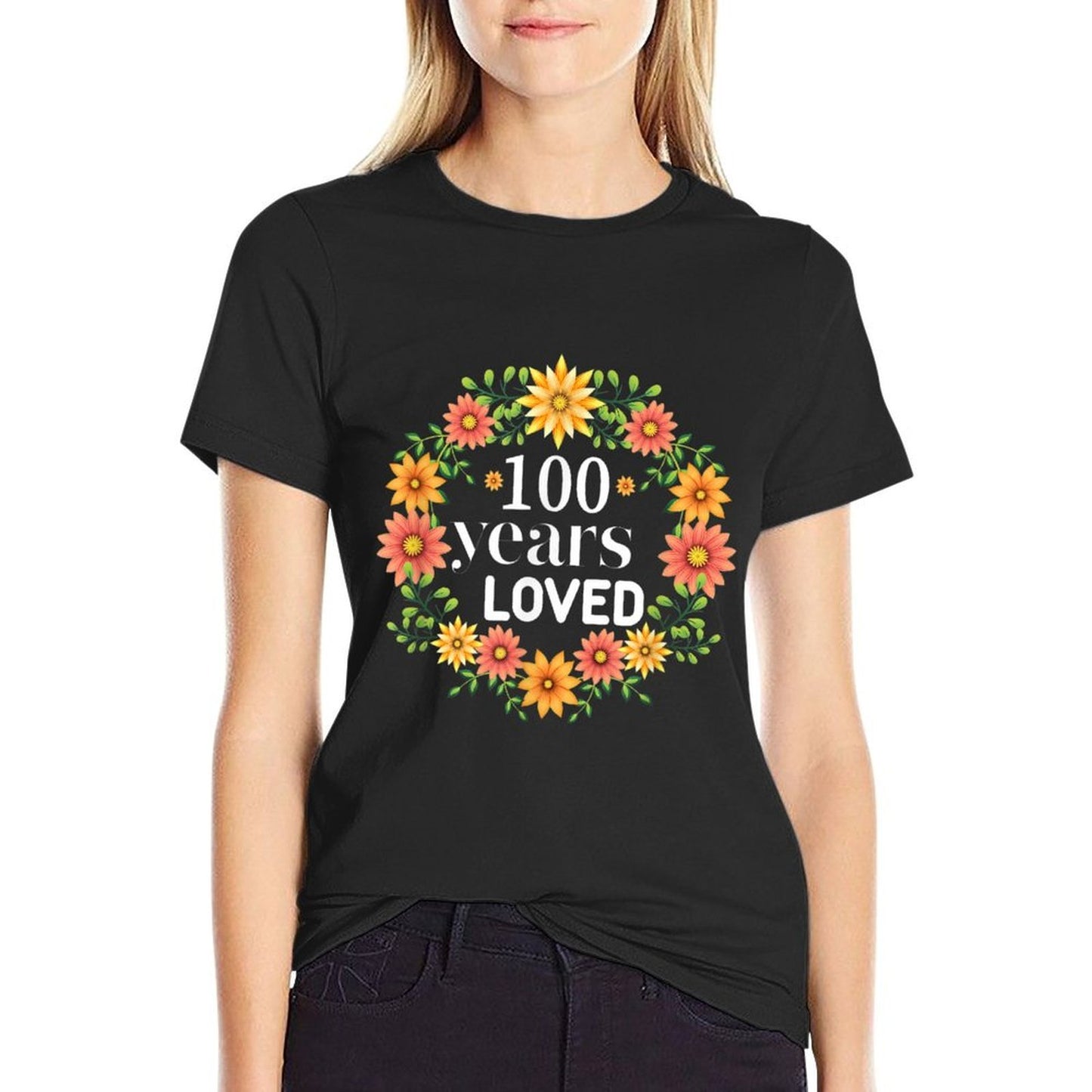 100 Years Loved Mommy Grandma Floral 100th Birthday Ribbed Collar T-Shirt