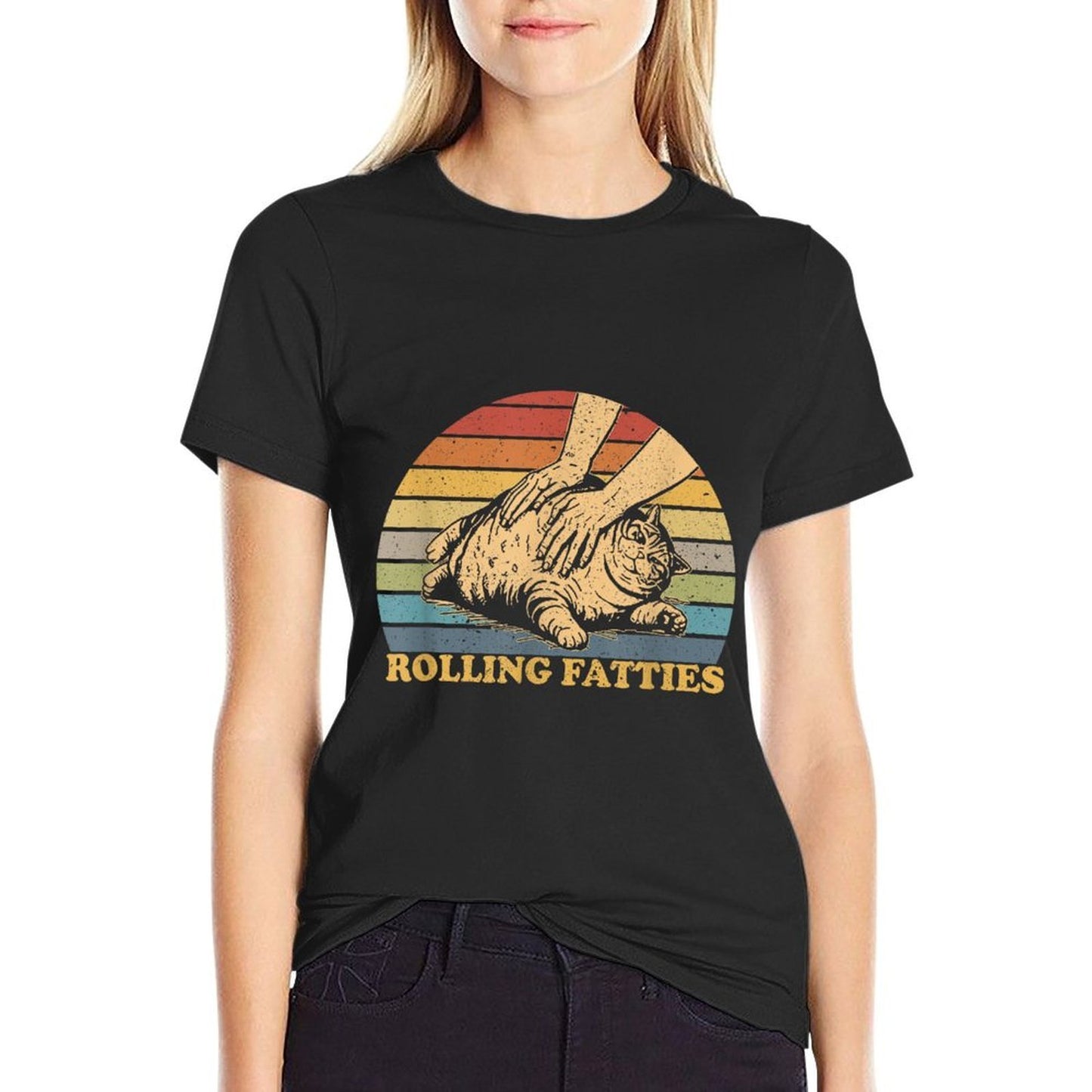 Cat Rolling Fatties Funny Unisex-Adults And Kids Black Polyester Cartoon Animal Cat Breathable T-Shirt