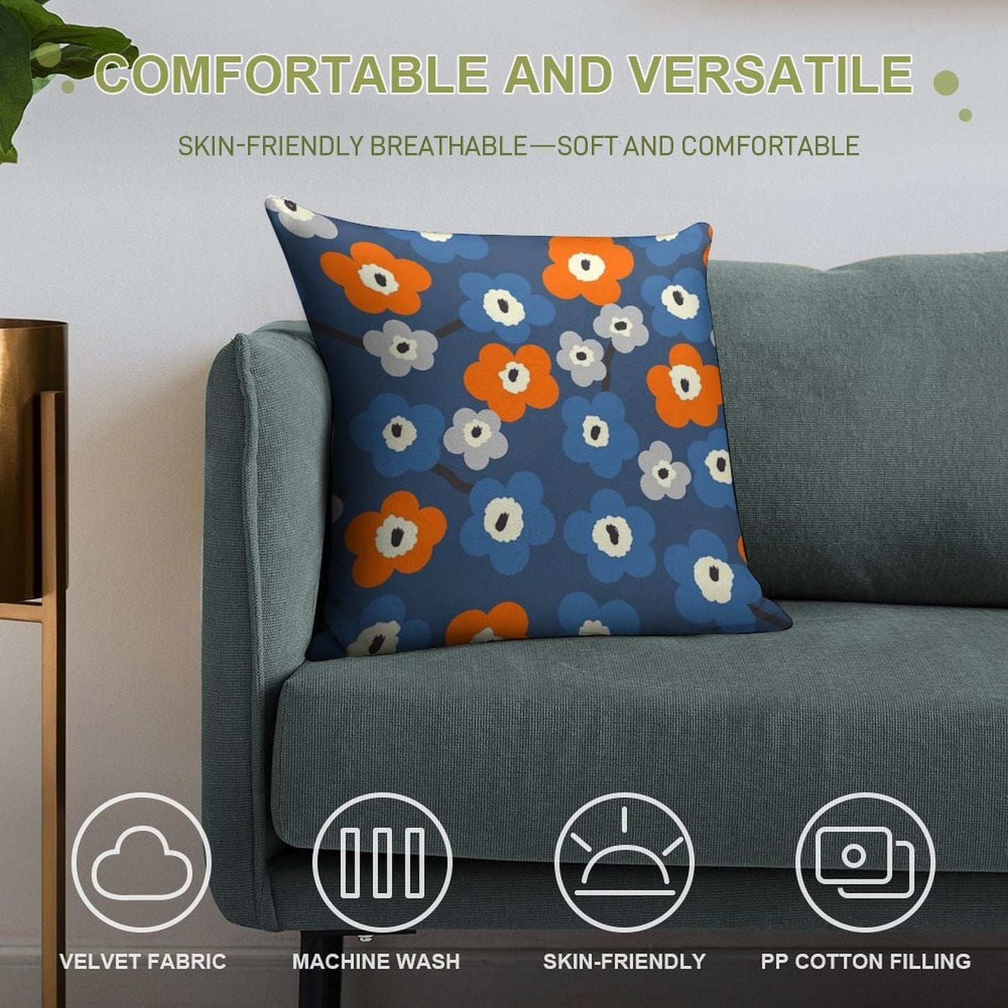 Iconic Modern Scandinavian Floral Pattern in Blue And Orange Soft Gift Ready Throw Pillow