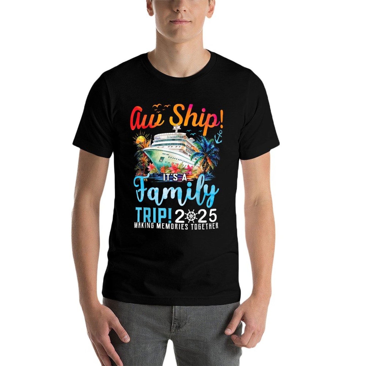 Aw Ship It's A Family Trip 2025 Family Matching Cruise Trip Oversized Silhouette T-Shirt