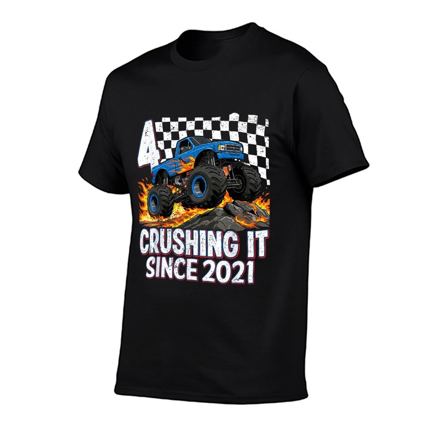 4th Birthday Monster Truck 4 Year Old Boys Party Born 2021 Ribbed Collar T-Shirt