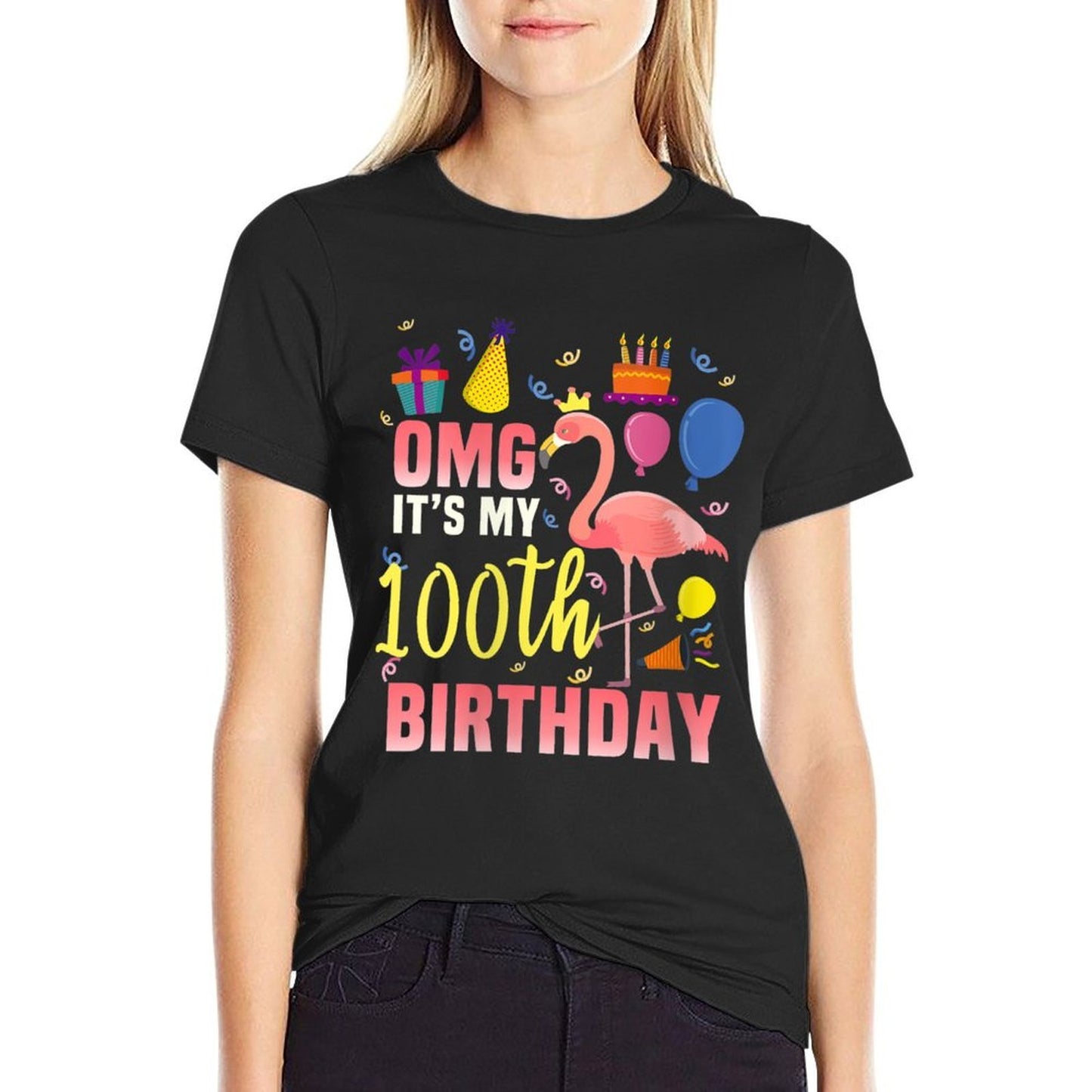 Womens 100 Year Old Women Men Gift Flamingo It's My 100th Birthday Stretchy T-Shirt