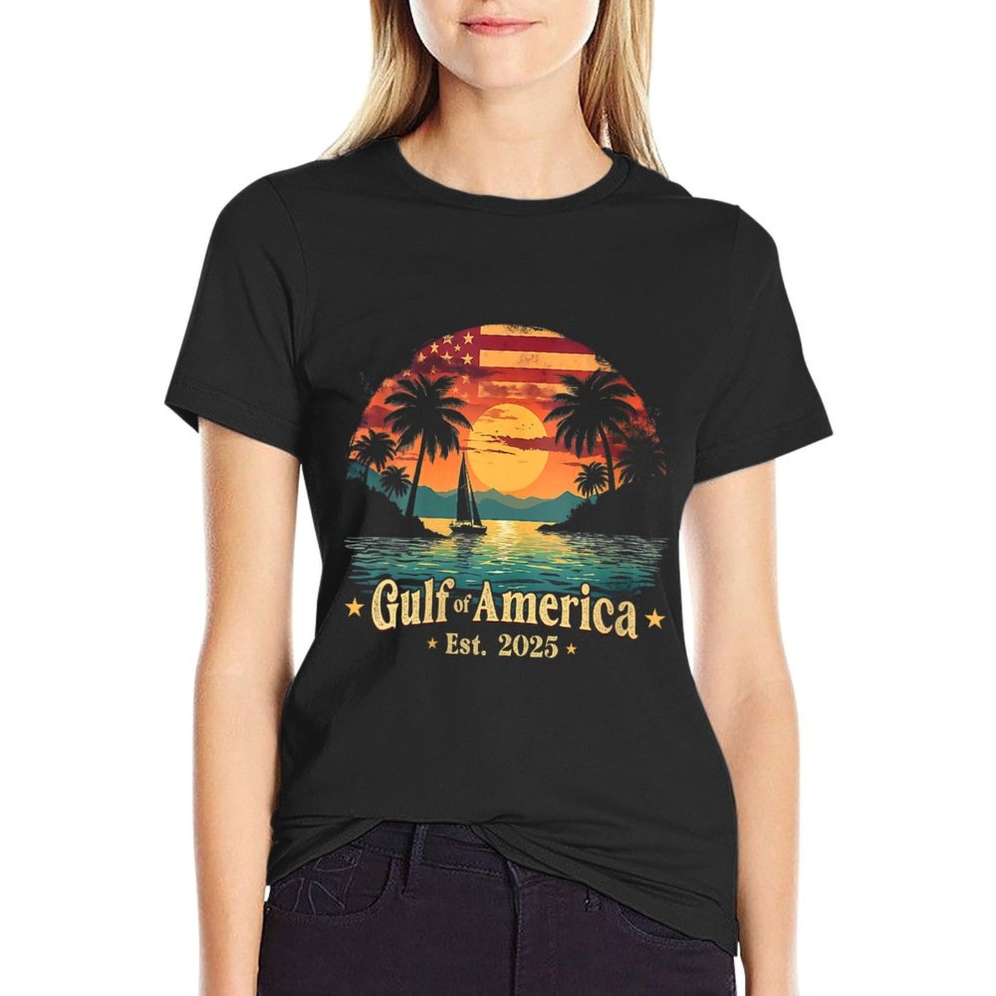 Womens Vintage Gulf Of USA America Funny USA Flag V-Neck High-quality Stitching T-Shirt