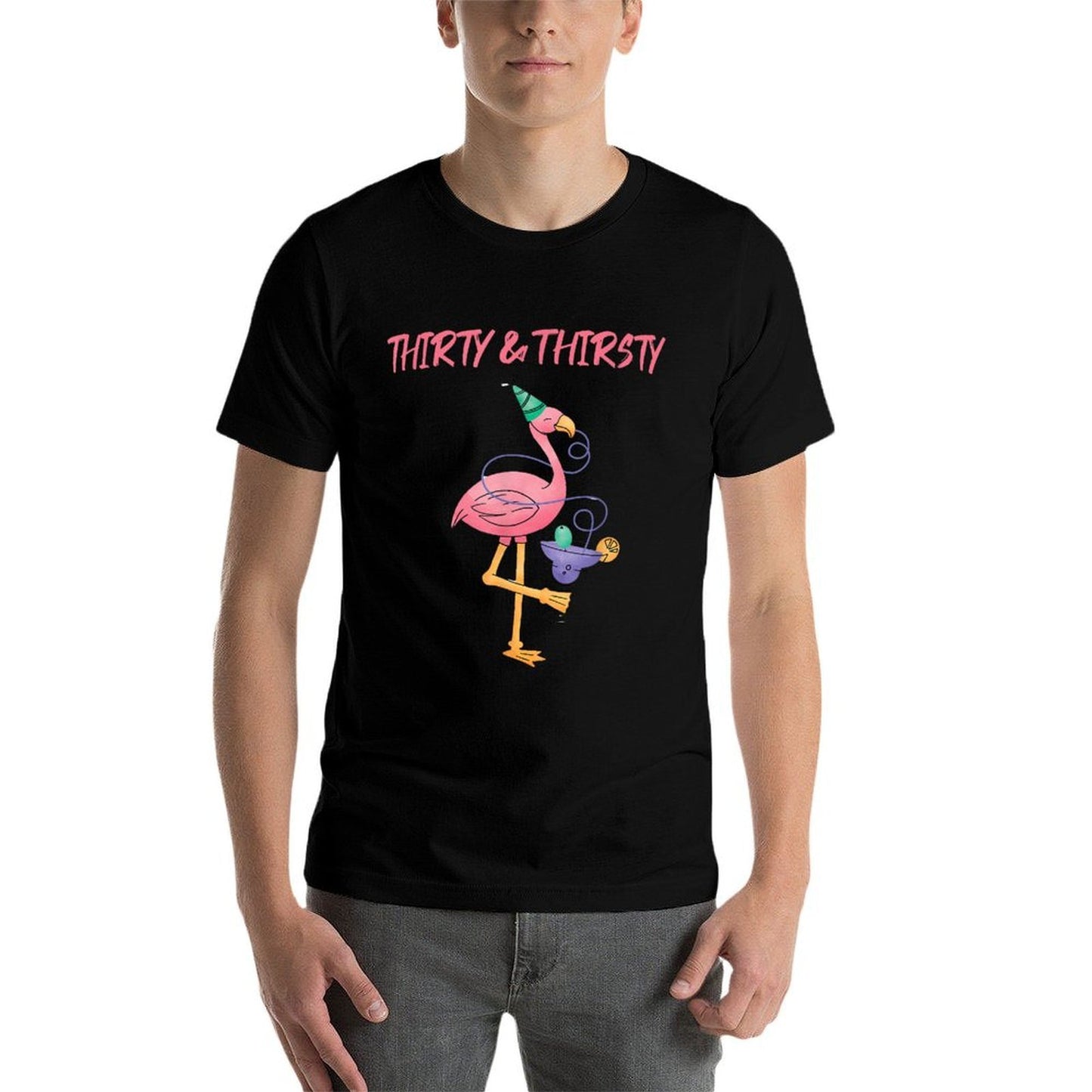 Thirty & Thirsty 30th Birthday Party Flamingo Funny High-quality Stitching T-Shirt