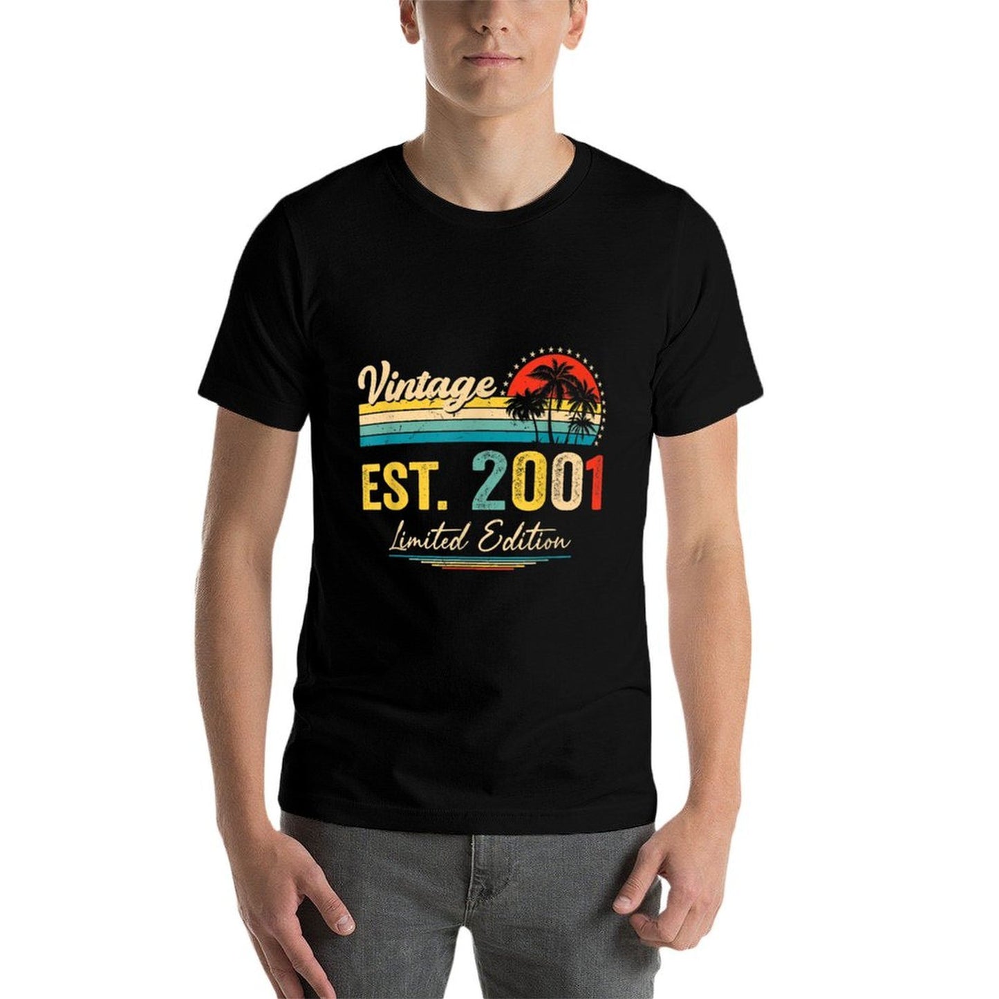 Vintage 2001 Retro 21 Years Old Being Awesome 21st Birthday Ribbed Collar T-Shirt