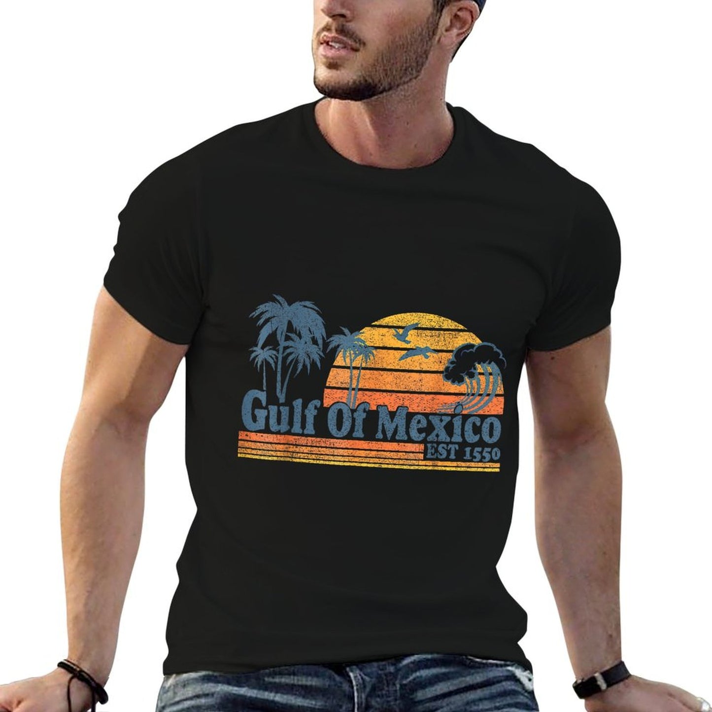 Gulf of Mexico Est 1550 Retro Vintage Beach Gulf of Mexico Ribbed Collar T-Shirt