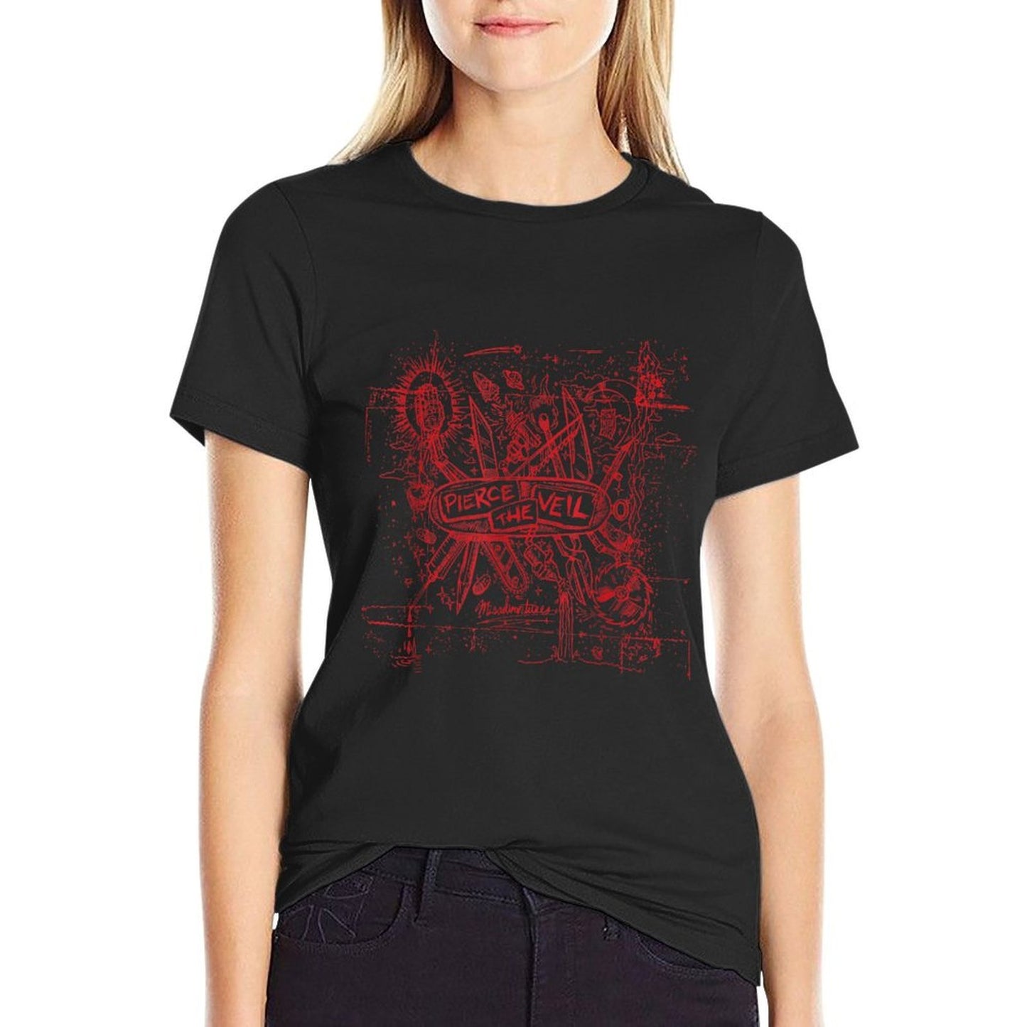 Pierce The Veil - Misadventures Cover in Red Print Stretchy T-Shirt
