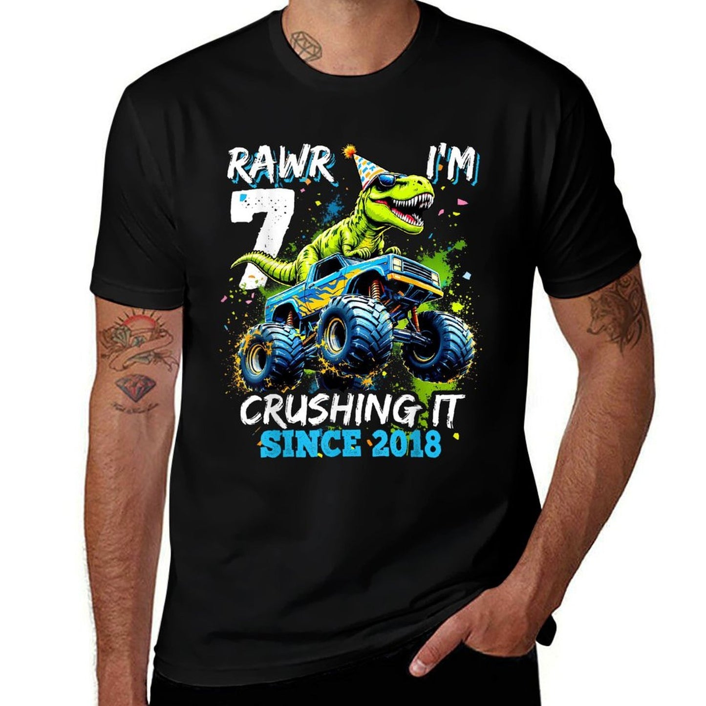 7th Birthday Monster Truck Dinosaur Party Boys Rawr I'm 7 Versatile T-Shirt