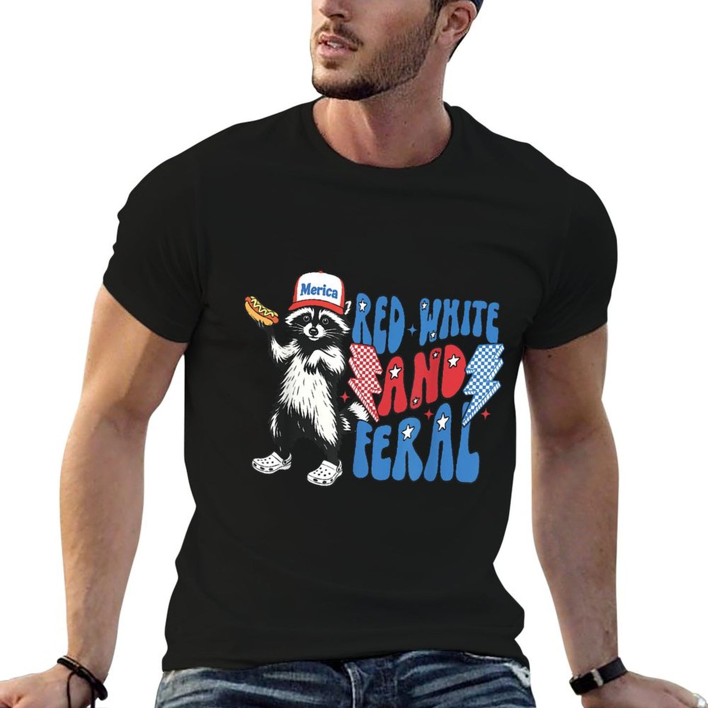 Red White And Feral Funny Raccoon 4th of July Patriotic Eco-friendly Material T-Shirt