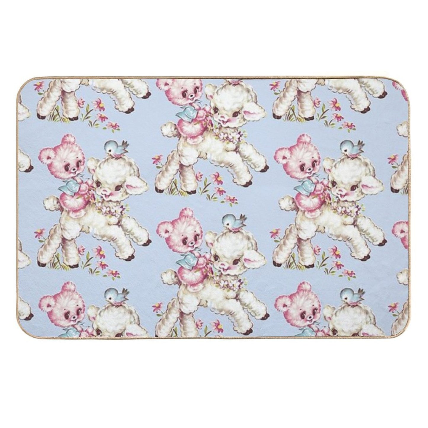 Baby Teddy Bear & Lamb Vintage Animal Illustration Slip-Resistant Bath Mat