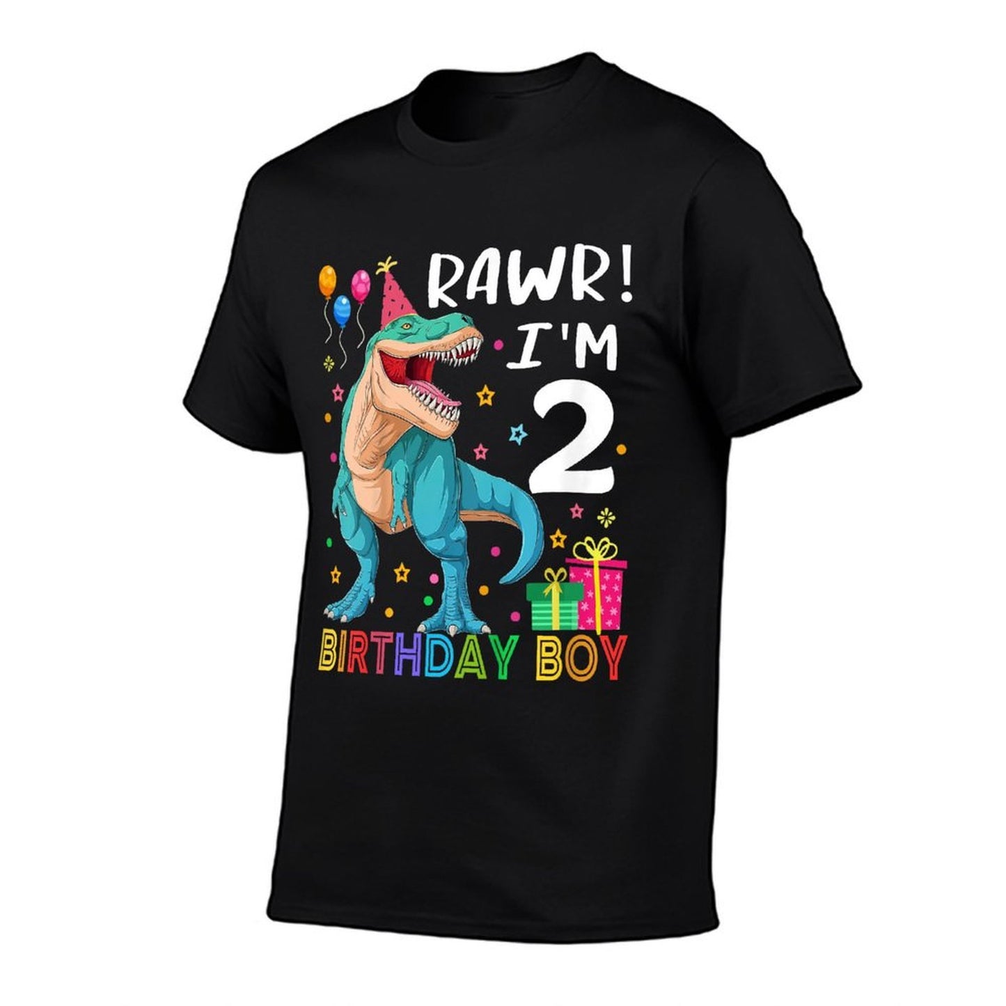 Kids Kids 2 Year Old 2nd Birthday Boy T Rex Dinosaur Oversized Silhouette T-Shirt