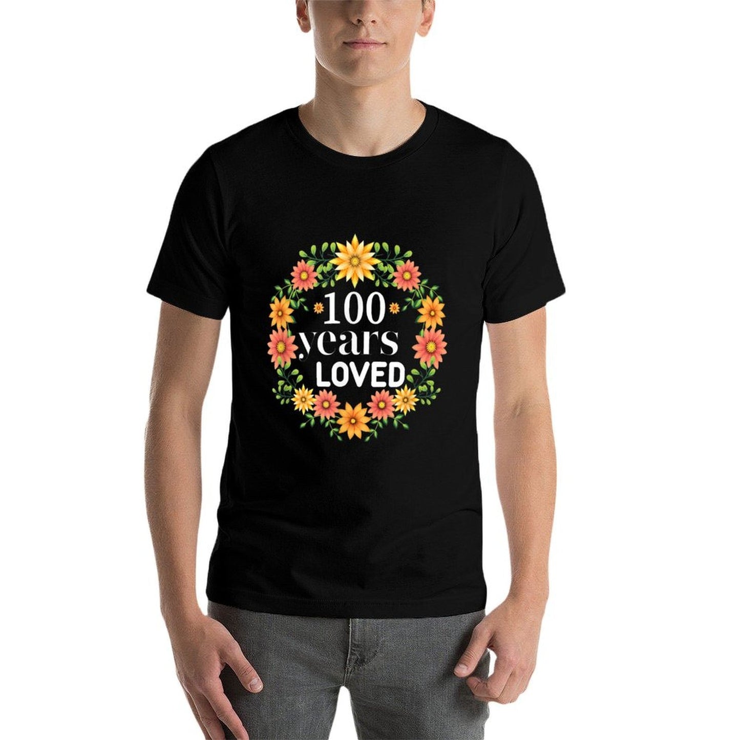 100 Years Loved Mommy Grandma Floral 100th Birthday Ribbed Collar T-Shirt