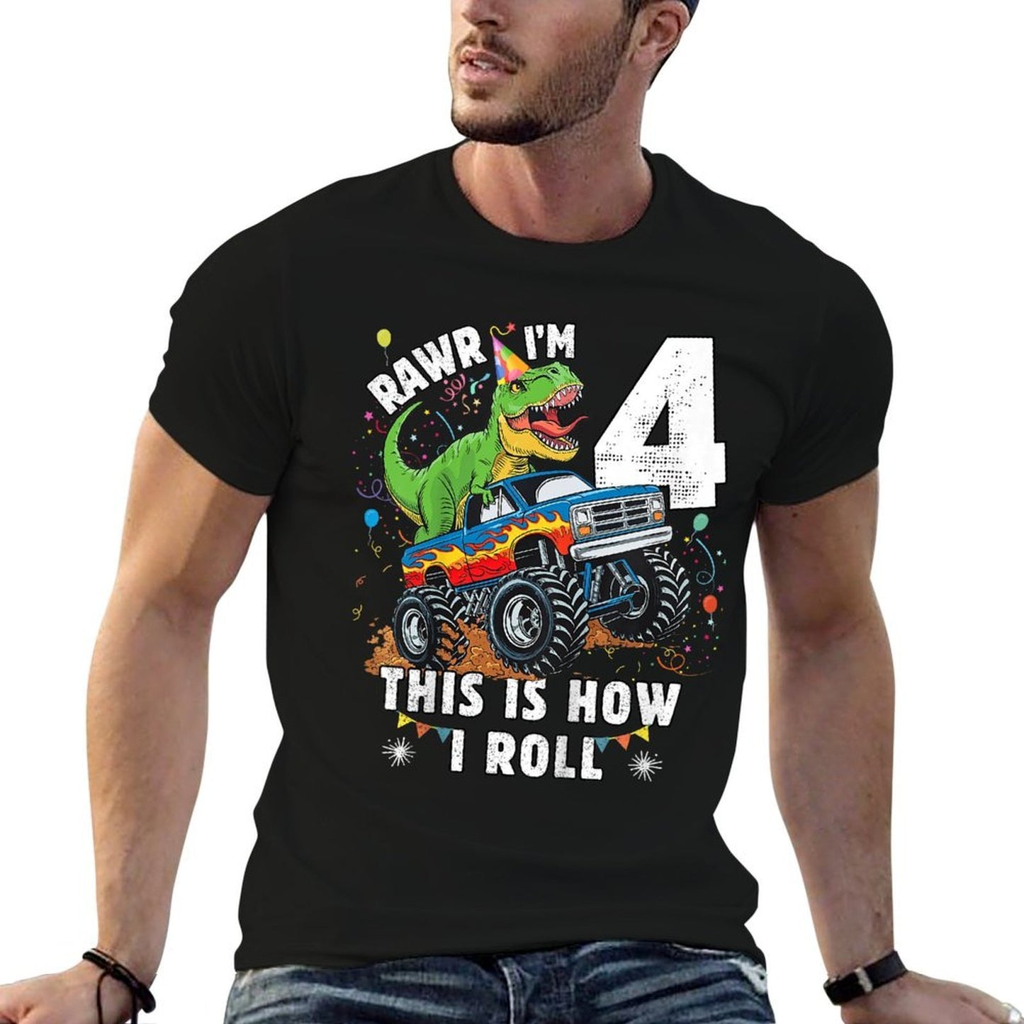 Kids Dinosaur Monster Truck 4th Birthday Boy T Rex 4 Year Old Wrinkle-resistant T-Shirt