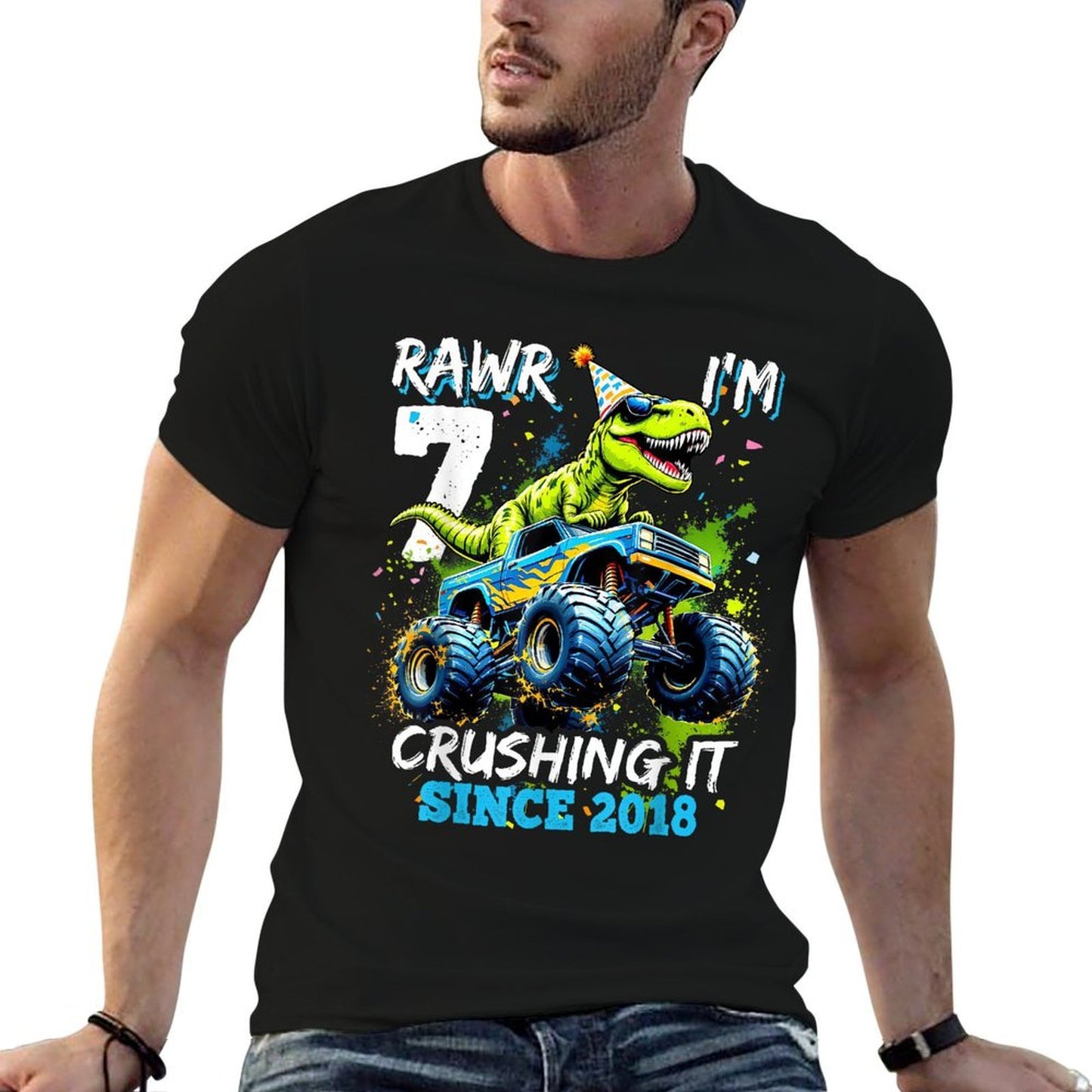 7th Birthday Monster Truck Dinosaur Party Boys Rawr I'm 7 Versatile T-Shirt