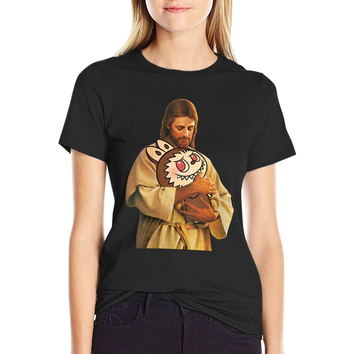 Womens Funny Meme Labubu Lover Cute Jesus Holding Labubu Joke Humor Tagless Design T-Shirt