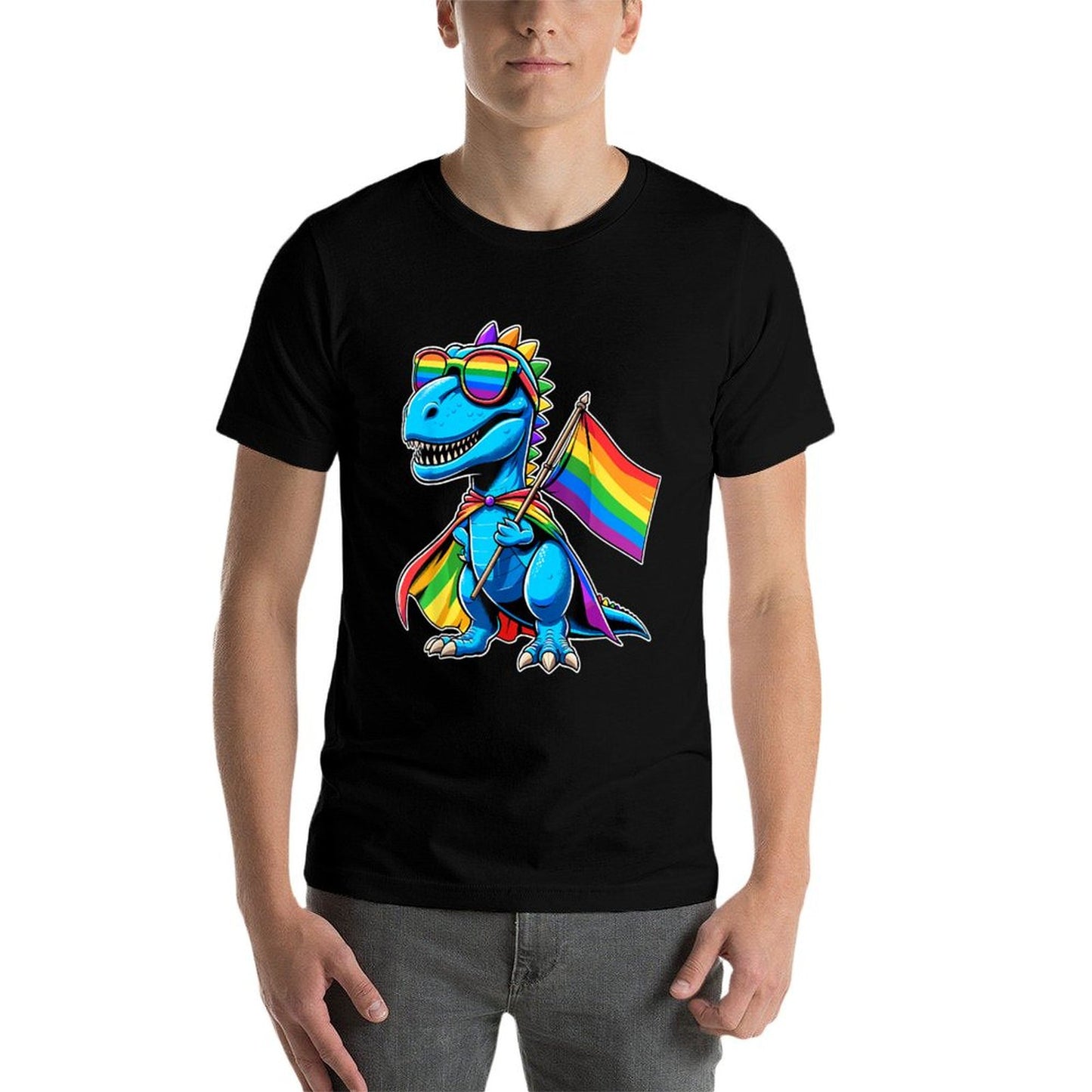 Dinosaur Gay Pride LGBT Rainbow Ribbed Collar T-Shirt