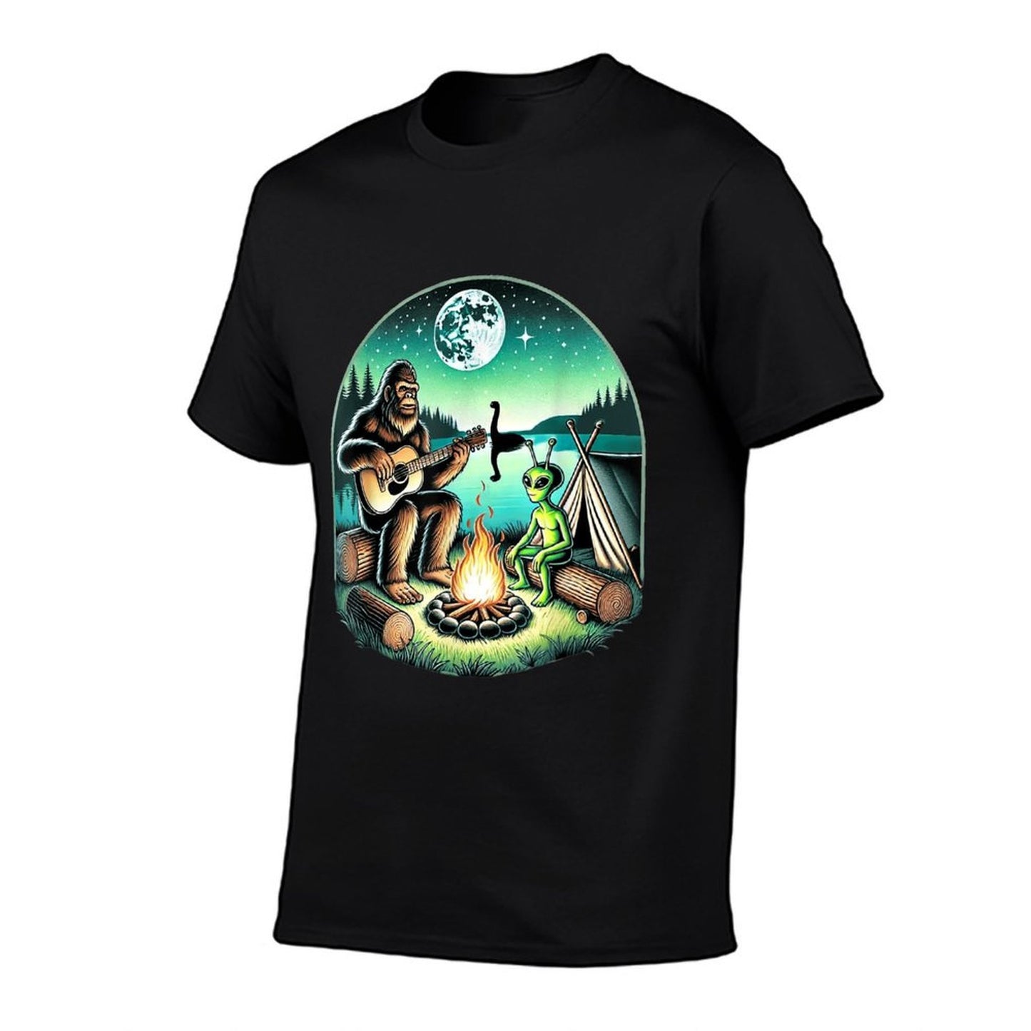 Alien And Bigfoot Loch Ness Campfire Sasquatch Guitar Affordable Price T-Shirt