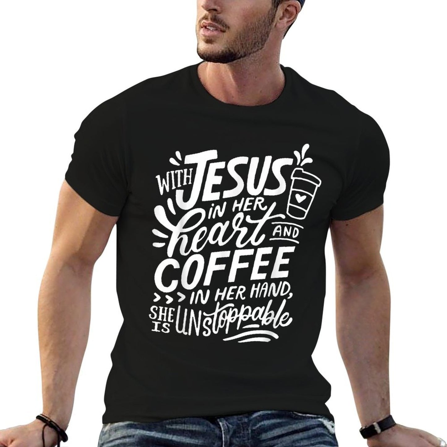 With Jesus In Her Heart And Coffee In Her Hand Easy-care T-Shirt