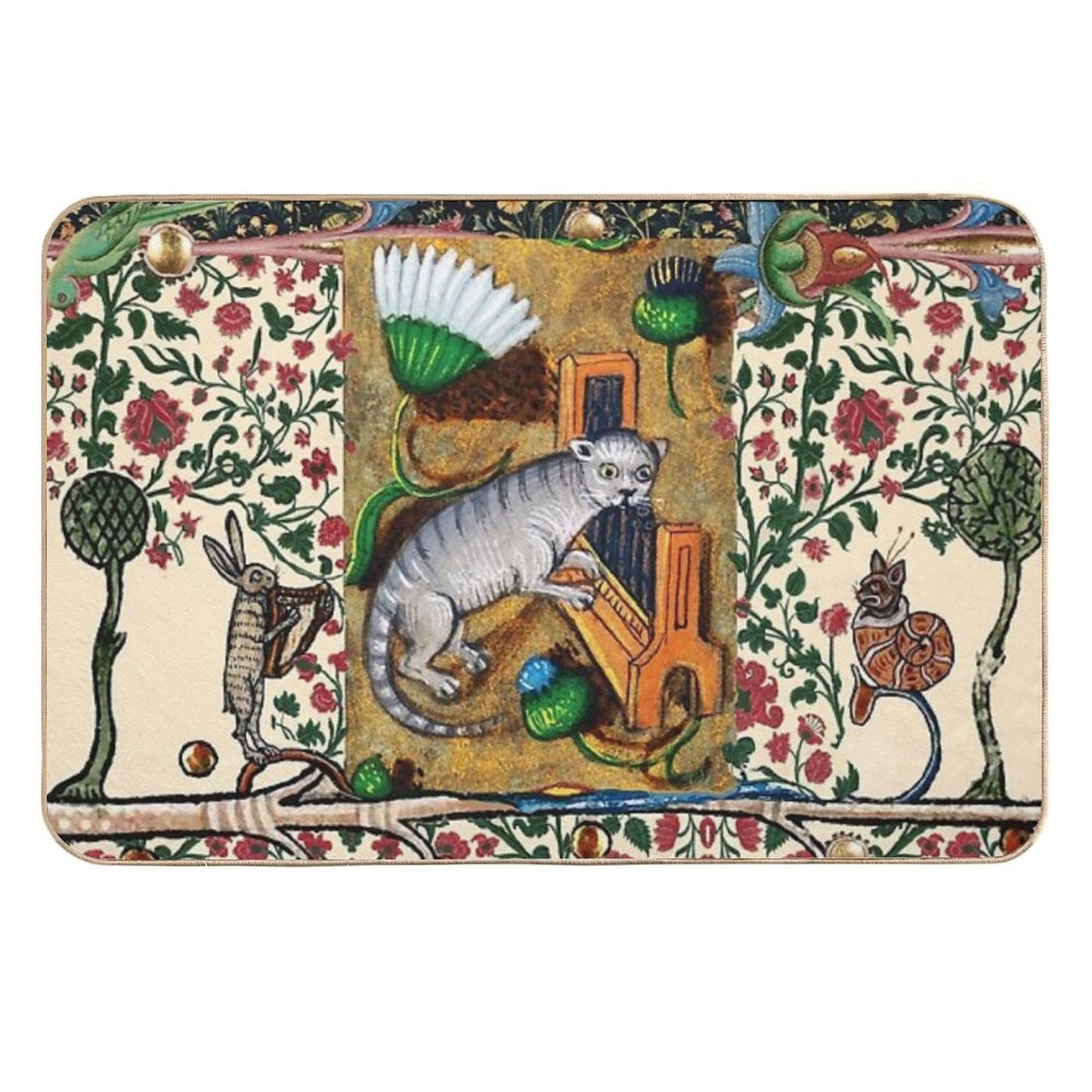 WEIRD MEDIEVAL BESTIARY MAKING MUSIC,Cat Playing Organ,Harpist Rabbit,Snail Cat Easy To Clean Bath Mat