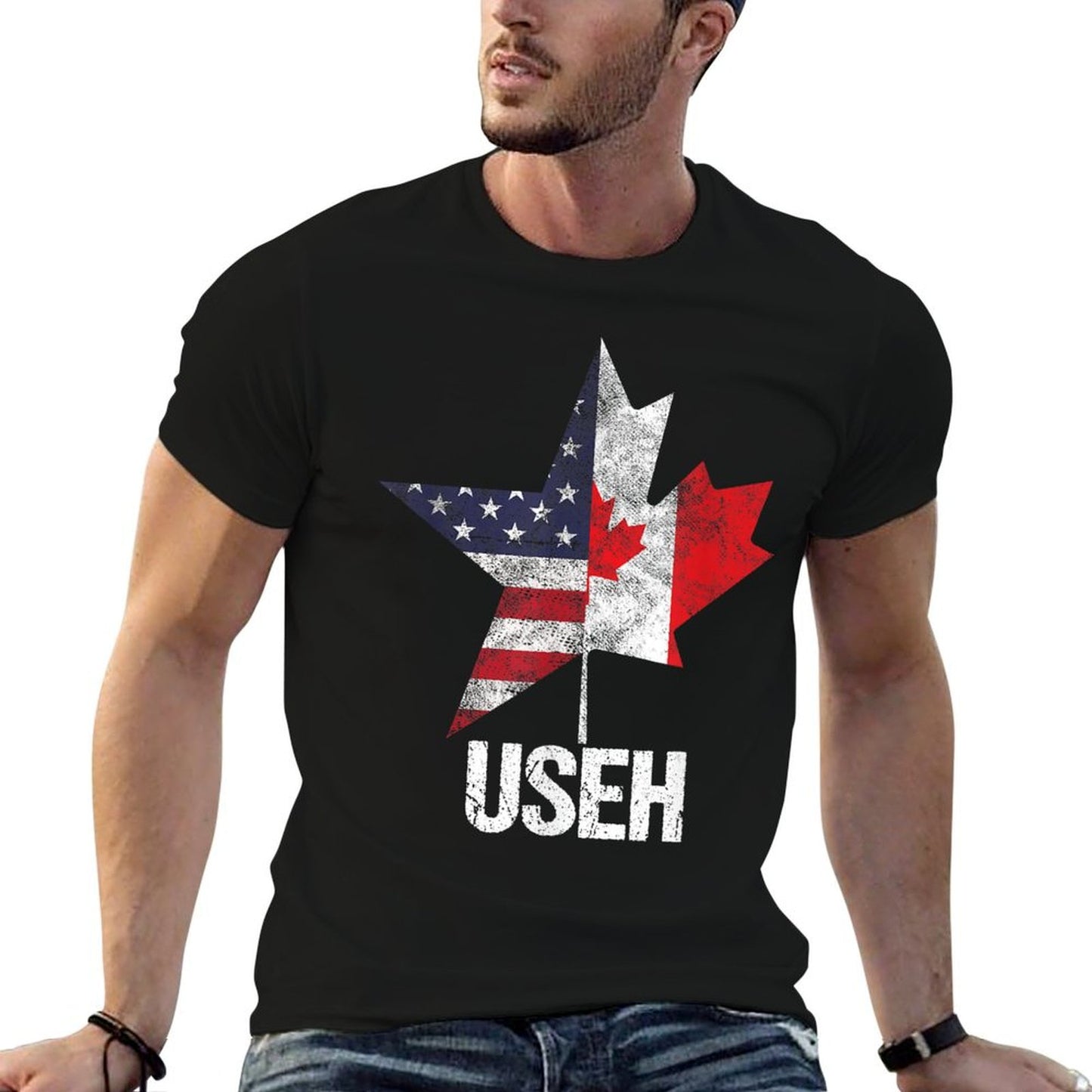 Half Canadian American USEH Canada USA Flag United States Graphic-printed T-Shirt