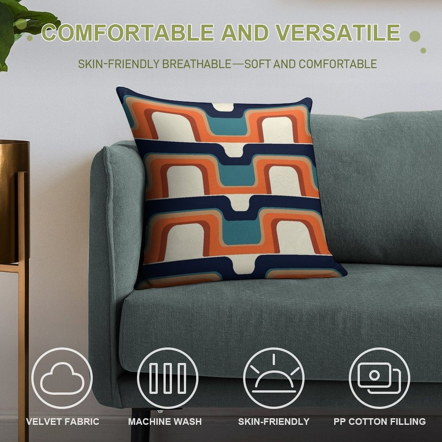 Mid-Century Modern Meets 1970s Orange & Blue Soft Durable Construction Throw Pillow