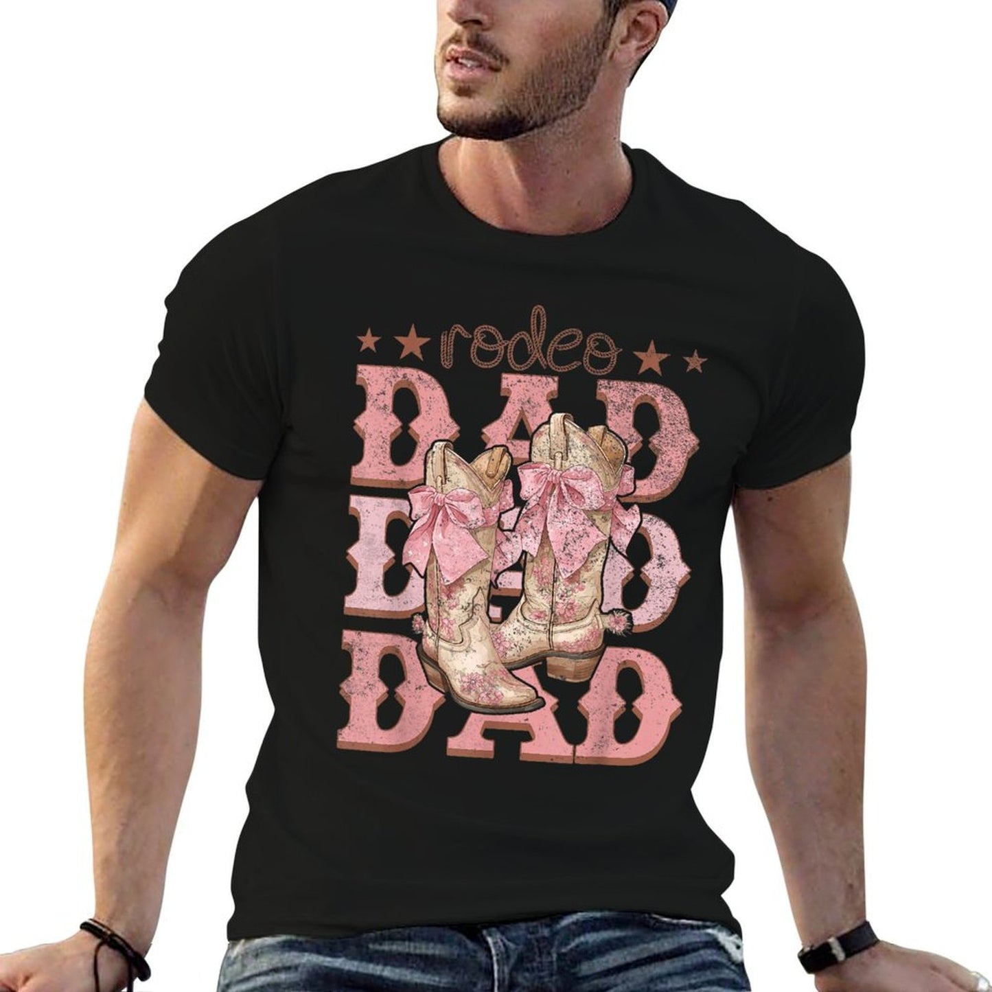 Rodeo Dad Pink Boots Coquette Cow-Girl Birthday Party Ribbed Collar T-Shirt