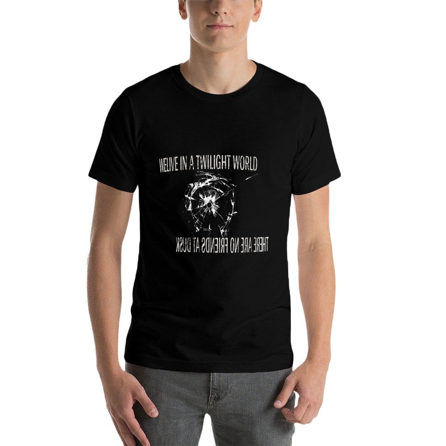 Womens WE LIVE IN A TWILIGHT WORLD, THERE ARE NO FRIENDS AT DUSK Ribbed Collar T-Shirt