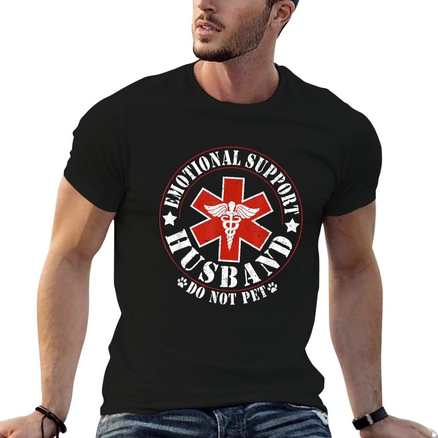 Emotional Support Husband Do Not Pet Funny Mens Husband Fade-proof Color T-Shirt