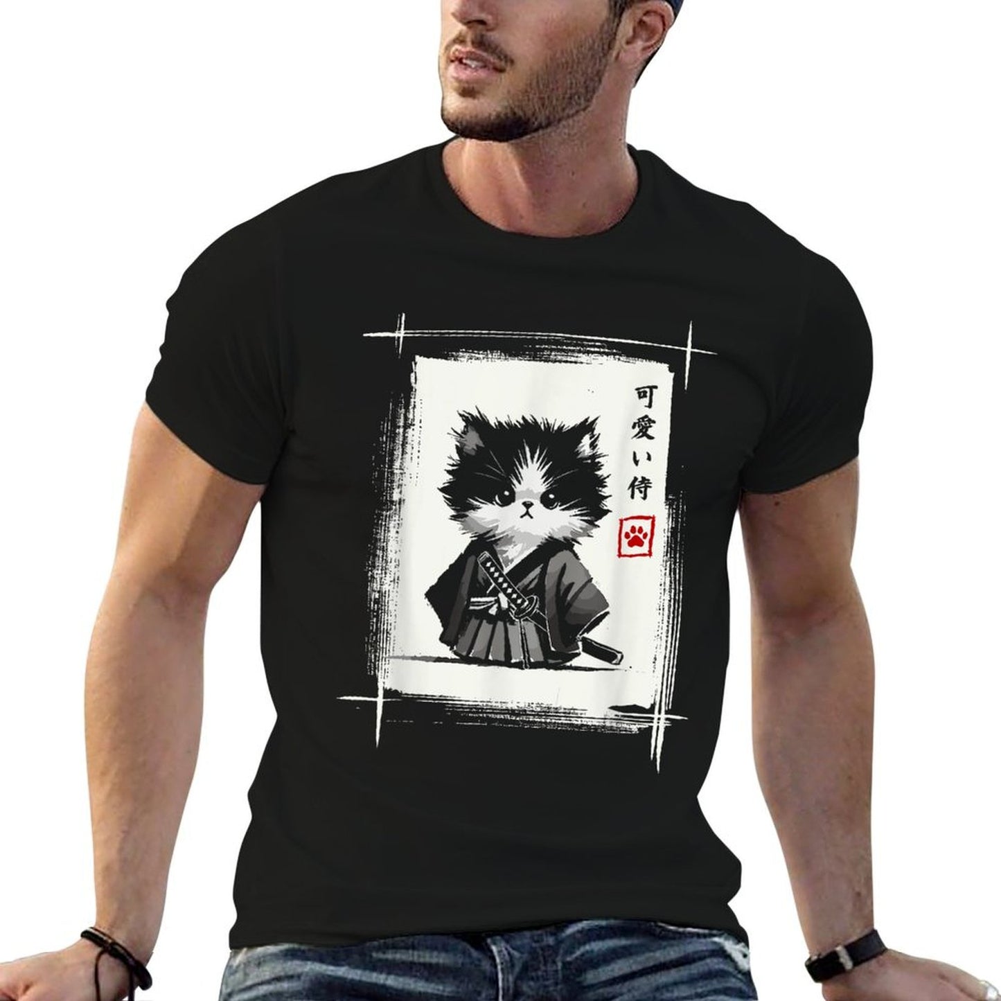 Samurai Cat Japanese Art Sumi-e Novelty Kawaii Funny Cat Relaxed-fit T-Shirt