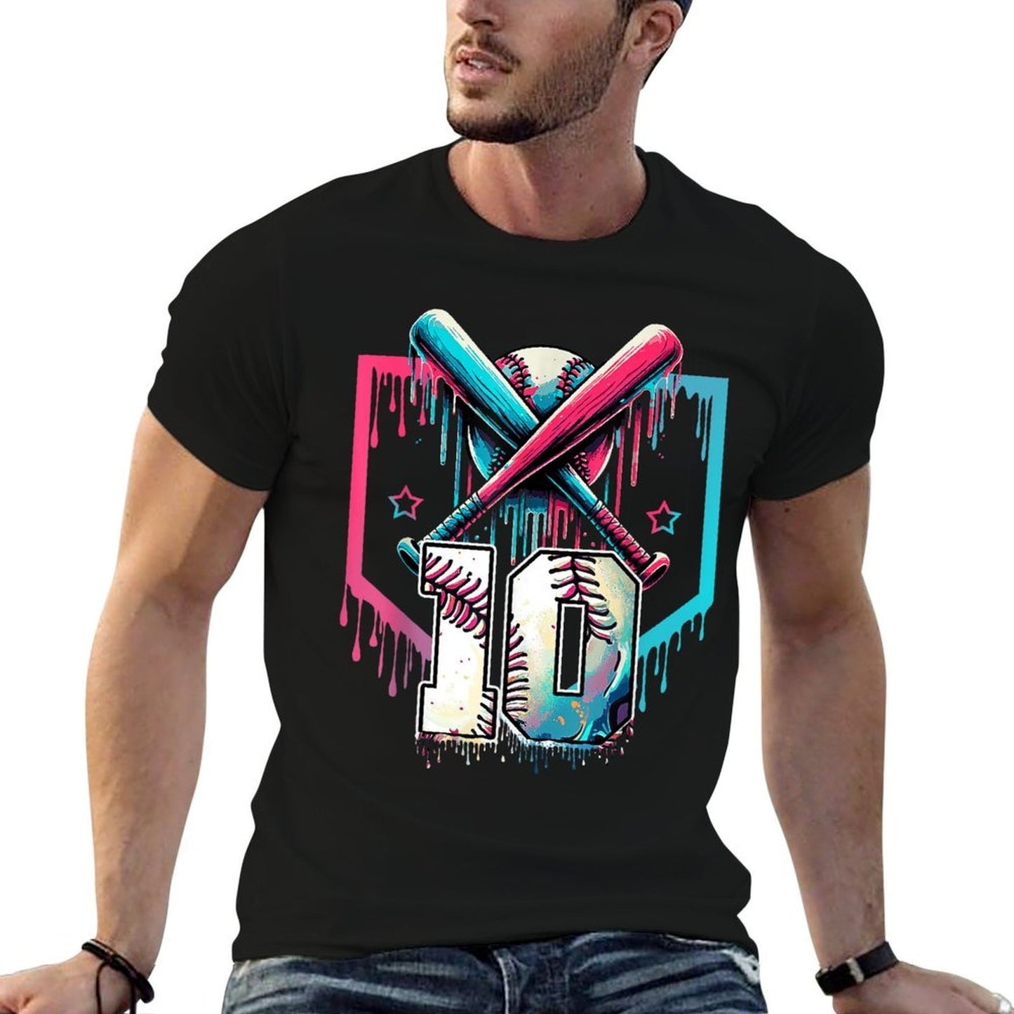 10th Bday Baseball Drip Home Plate 10yr Ice Cream 10 Yrs Old Slim-fit Cut T-Shirt
