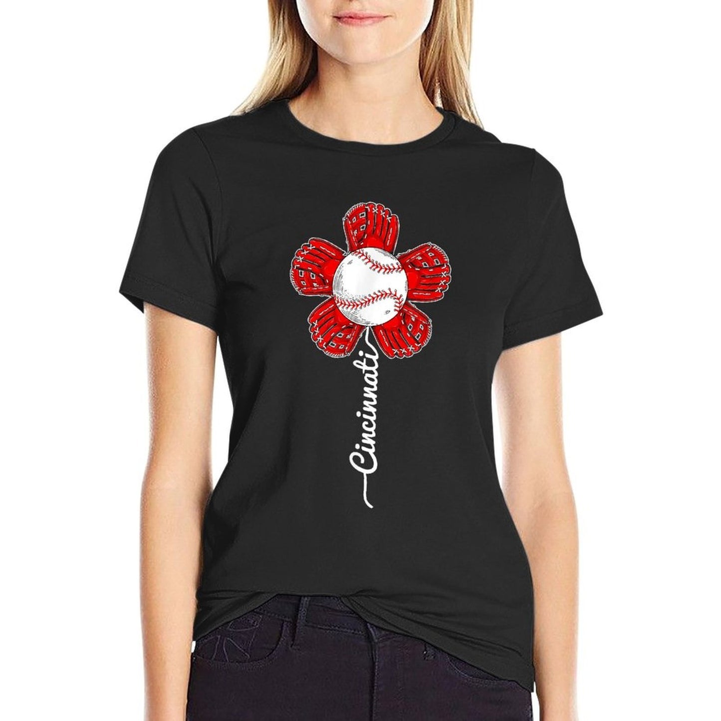 Cincinnati Funny Flower Vintage Baseball Lover And Player Oversized Silhouette T-Shirt