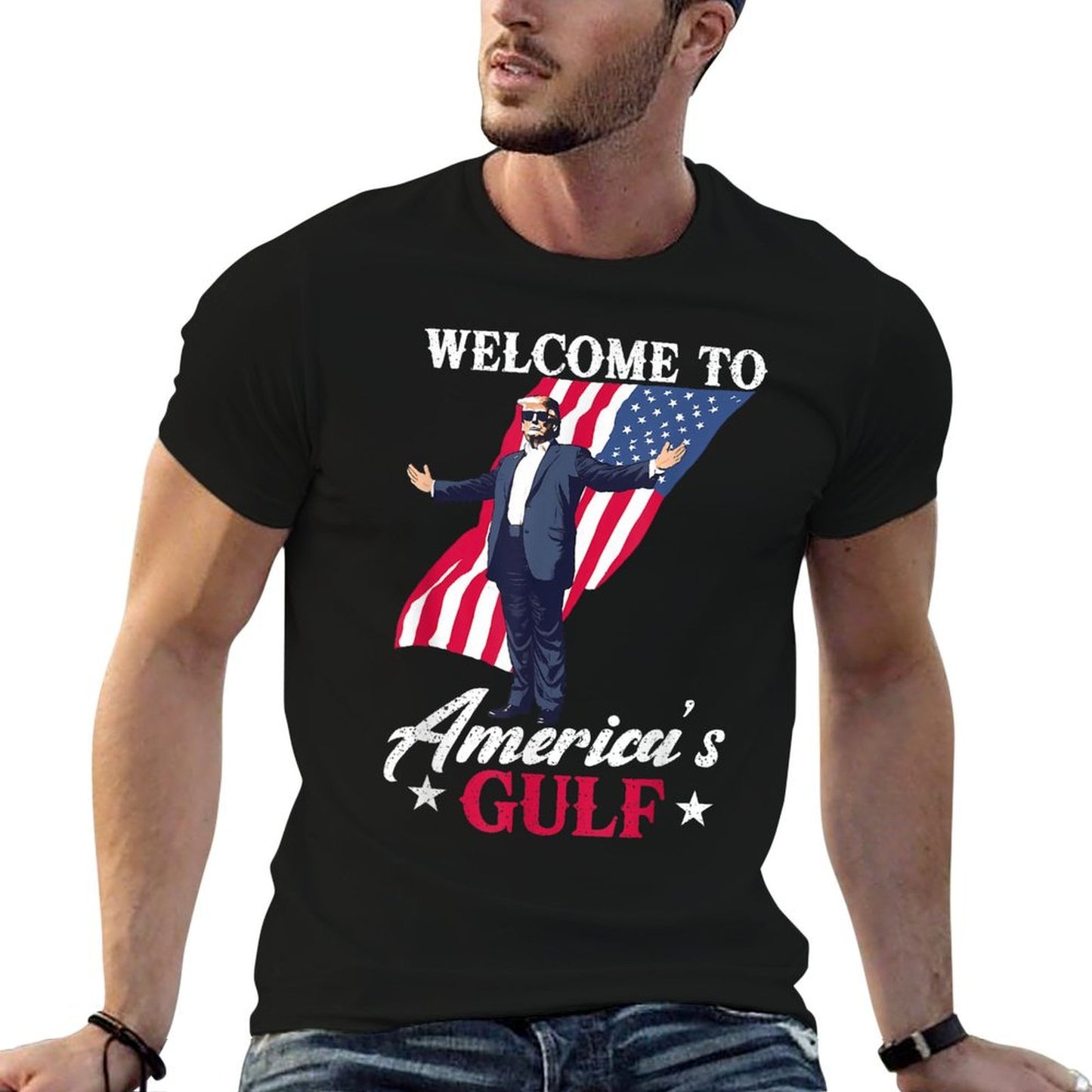 Gulf of USA America Funny USA Flag Ribbed Collar T-Shirt