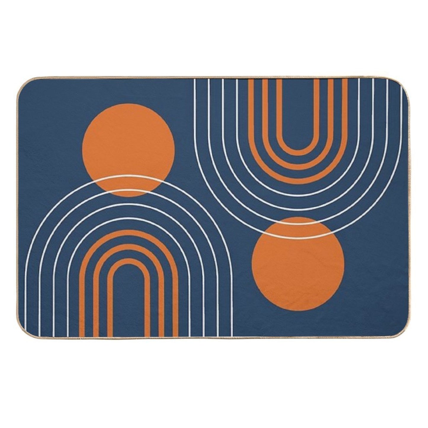 Mid Century Modern Geometric 111 in Navy Blue And Vintage Orange (Rainbow And Sun Abstraction) Rapid-Drying Bath Mat