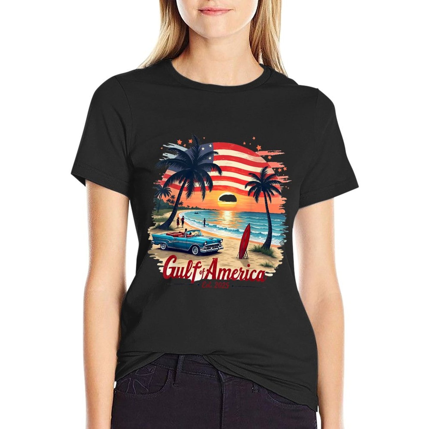 Gulf Retro Of America Est 2025 USA American Flag Men Women Ribbed Collar T-Shirt