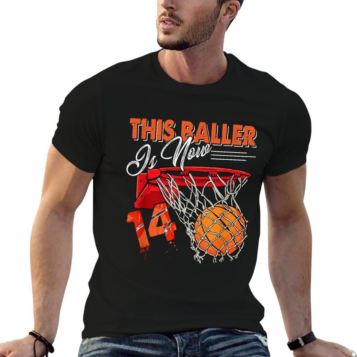 14th Birthday Basketball Funny 14 Years Old Kids Gift Ribbed Collar T-Shirt