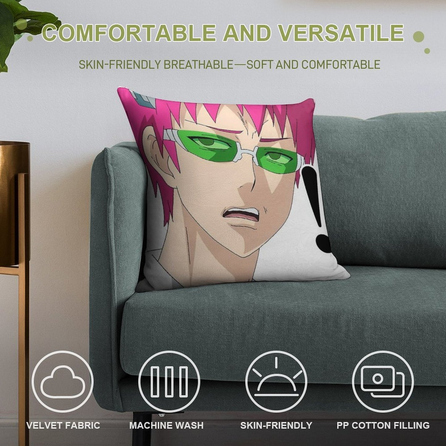 Saiki's Confused Face Soft Shrink-Resistant Throw Pillow