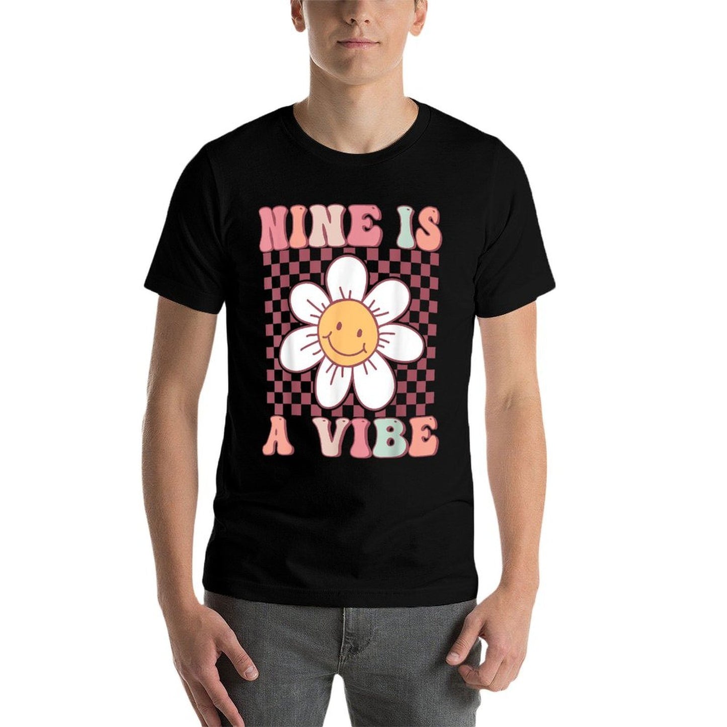 Nine Is A Vibe Cute Groovy 9th Birthday Party Daisy Flower Oversized Silhouette T-Shirt