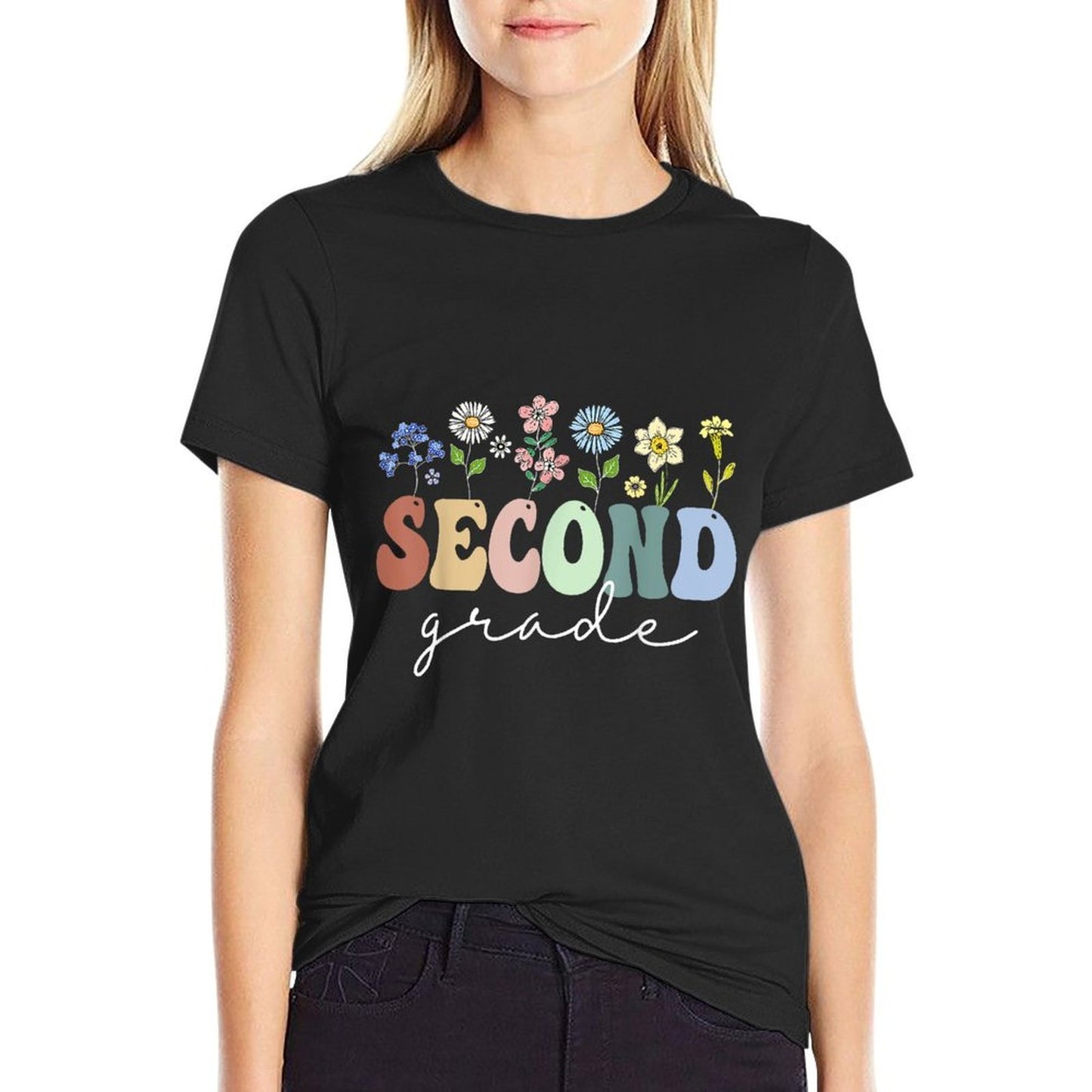 2nd Grade Wildflower Floral Back To School Gift For Teachers Rolled Sleeves T-Shirt