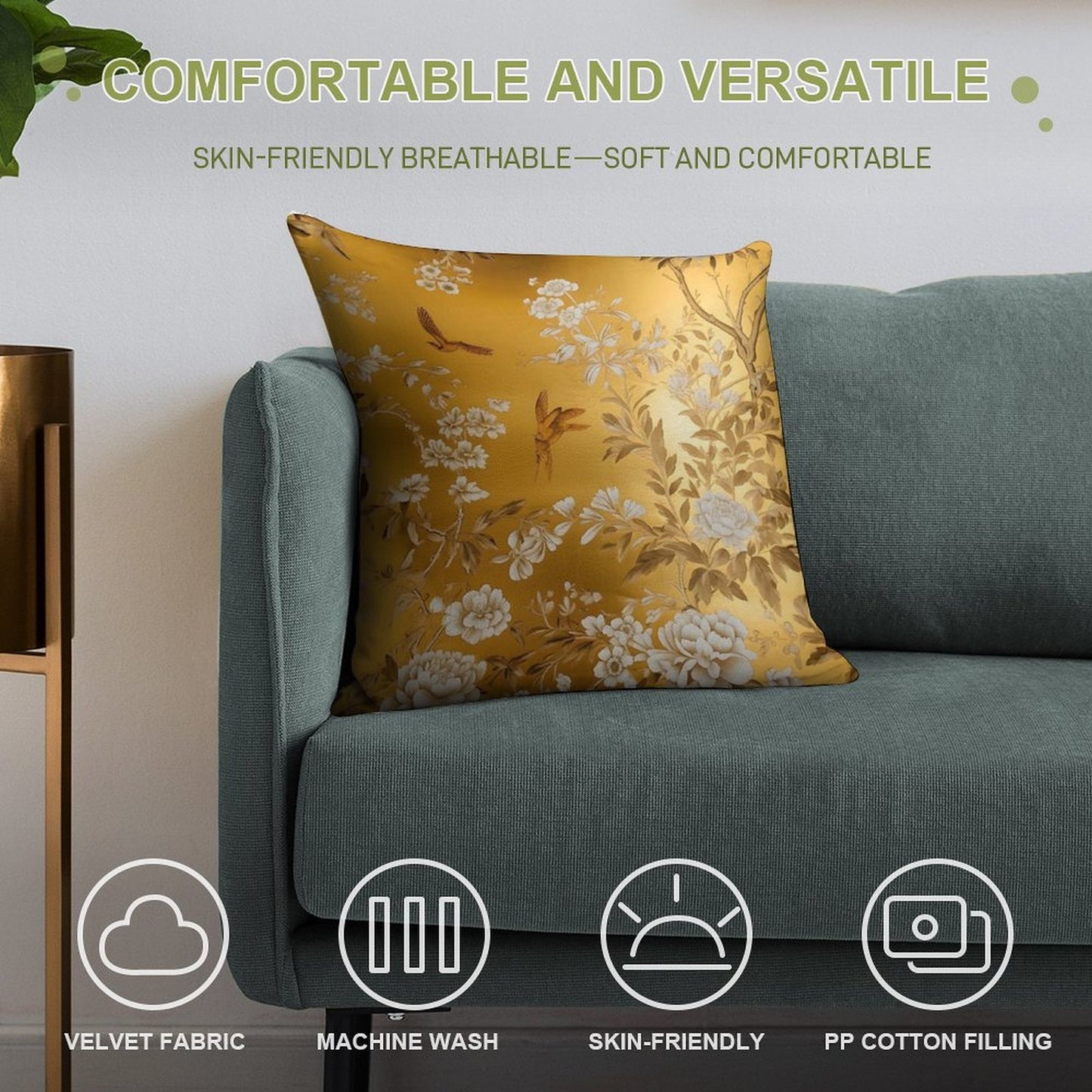 Gold Chinoiserie Floral Soft Durable Construction Throw Pillow