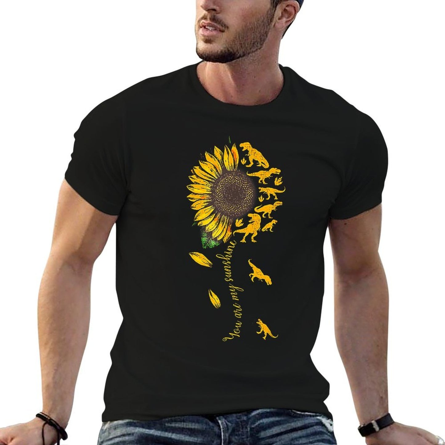 You Are My Sunshine Dinosaur T-rex Sunflower Oversized Silhouette T-Shirt